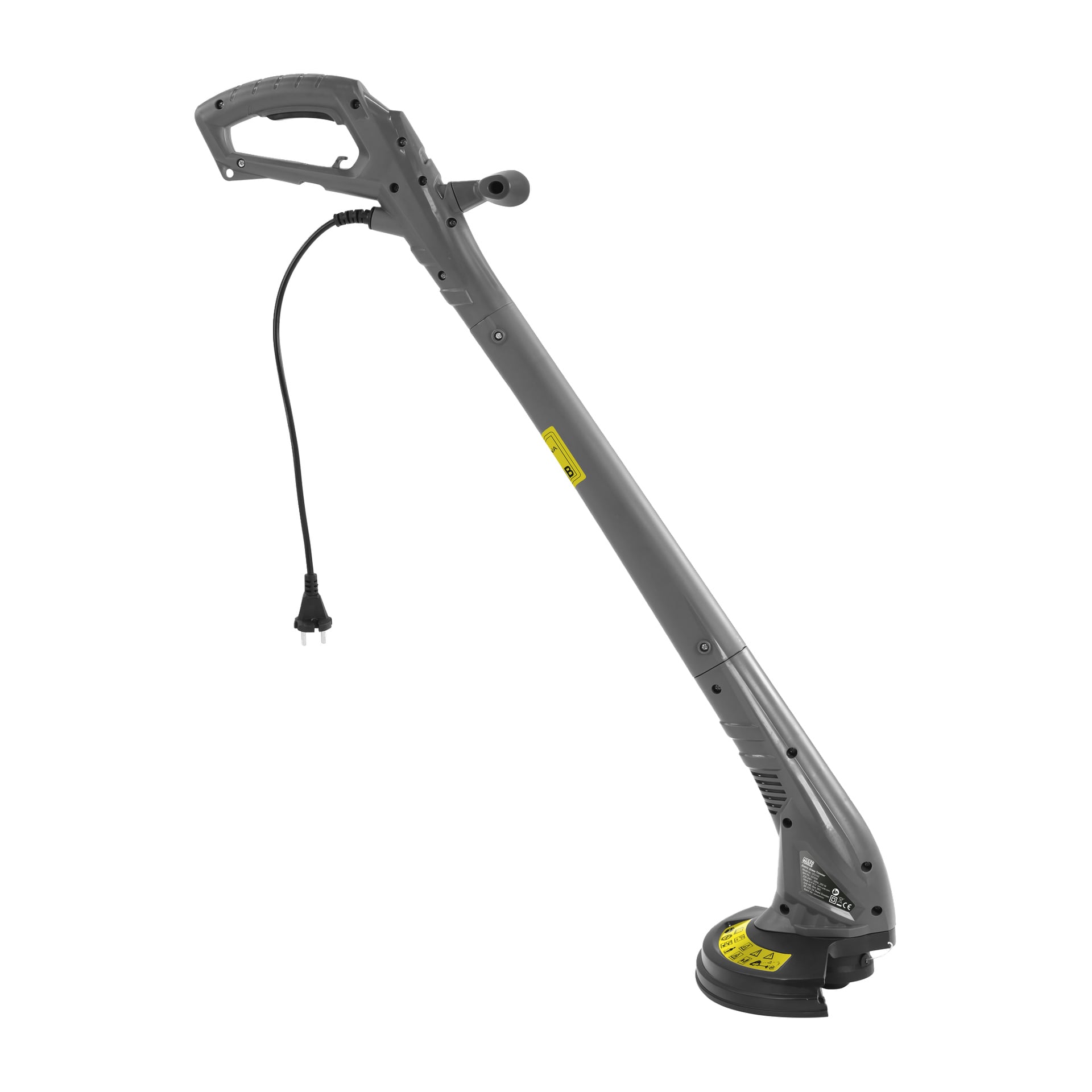 Szary trymer Meec Tools Electric z długim uchwytem, kablem zasilającym i czarną głowicą do przycinania stoi pionowo w profilu bocznym.