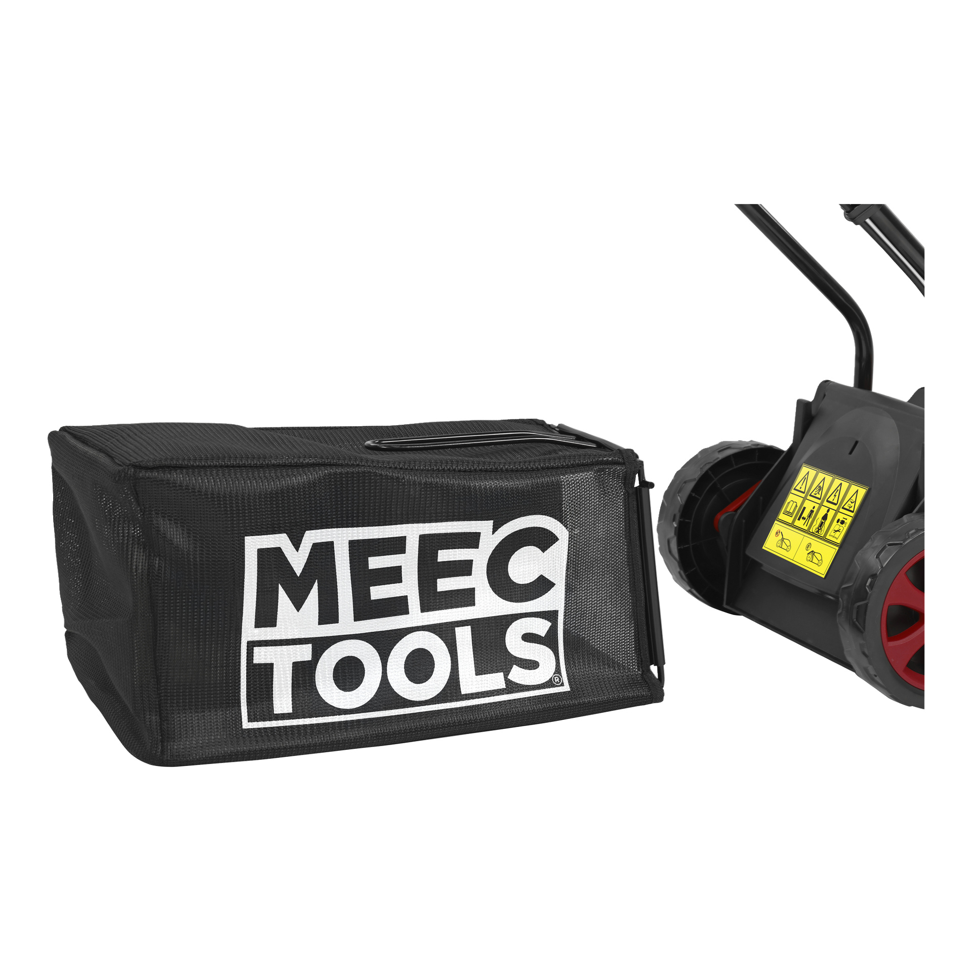 Zbliżenie na kosiarkę mechaniczną Meec Tools z czarną torbą z nazwą marki, widocznymi kołami i żółtą naklejką bezpieczeństwa.