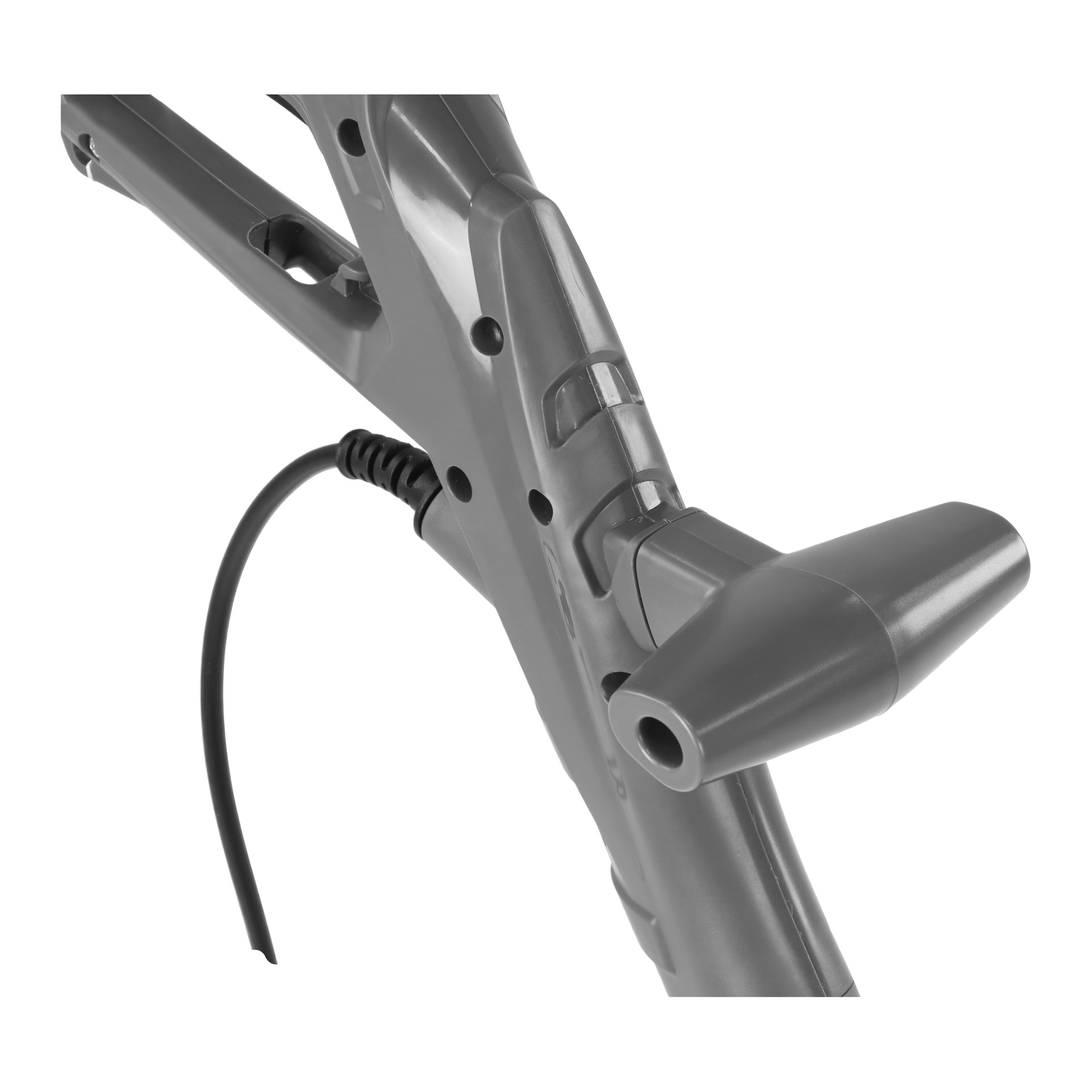 Zbliżenie szarego plastikowego uchwytu na trymerze Meec Tools Electric, pokazujące dwa przyciski, kabel i boczną dyszę.