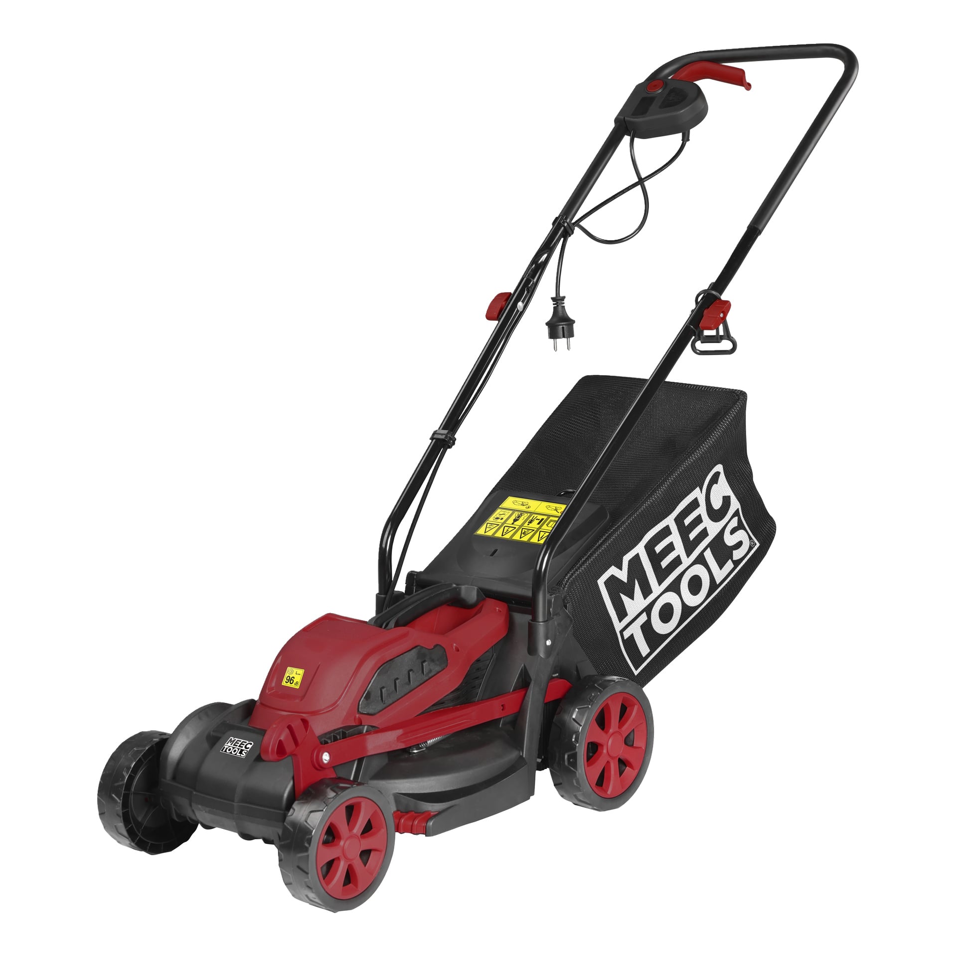 Czerwono-kosiarka Meec Tools z czterema kołami, uchwytem na sznurek oraz workiem na trawę oznaczonym jako Meec Tools do koszenia trawy.