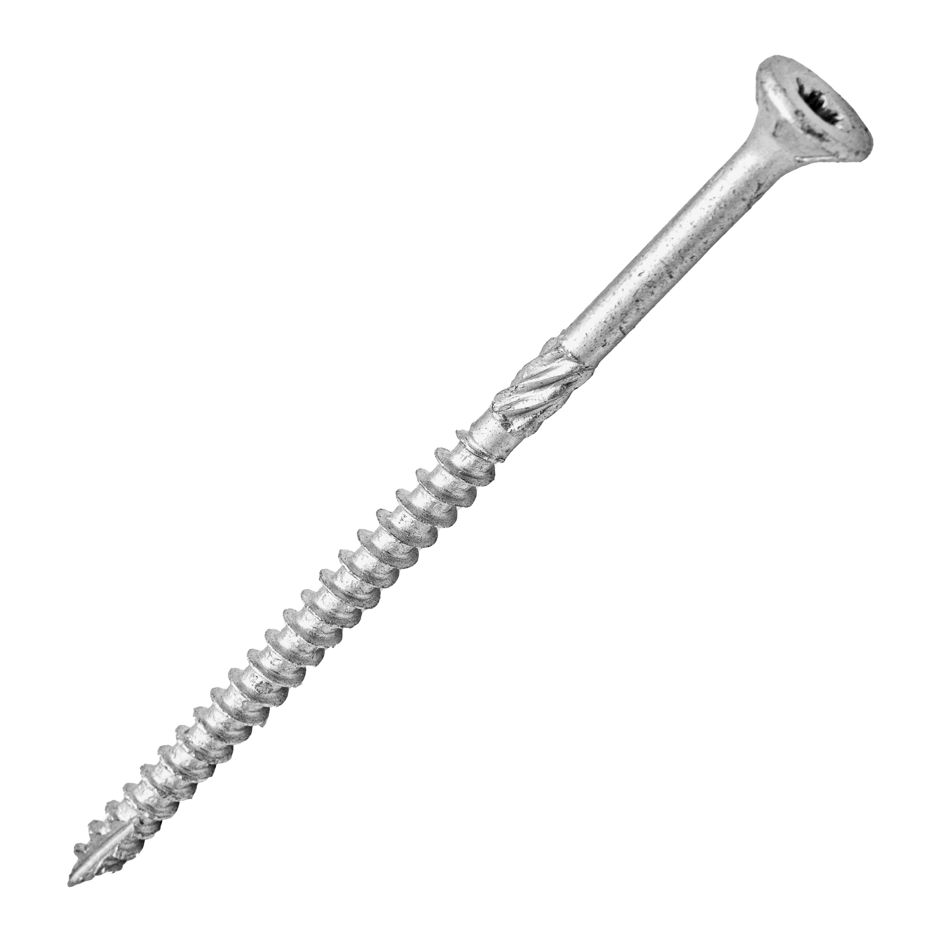 En närbild på en Heco Wood-skruv med silverfinish, platt sänkt huvud och delvis gängad skaft.