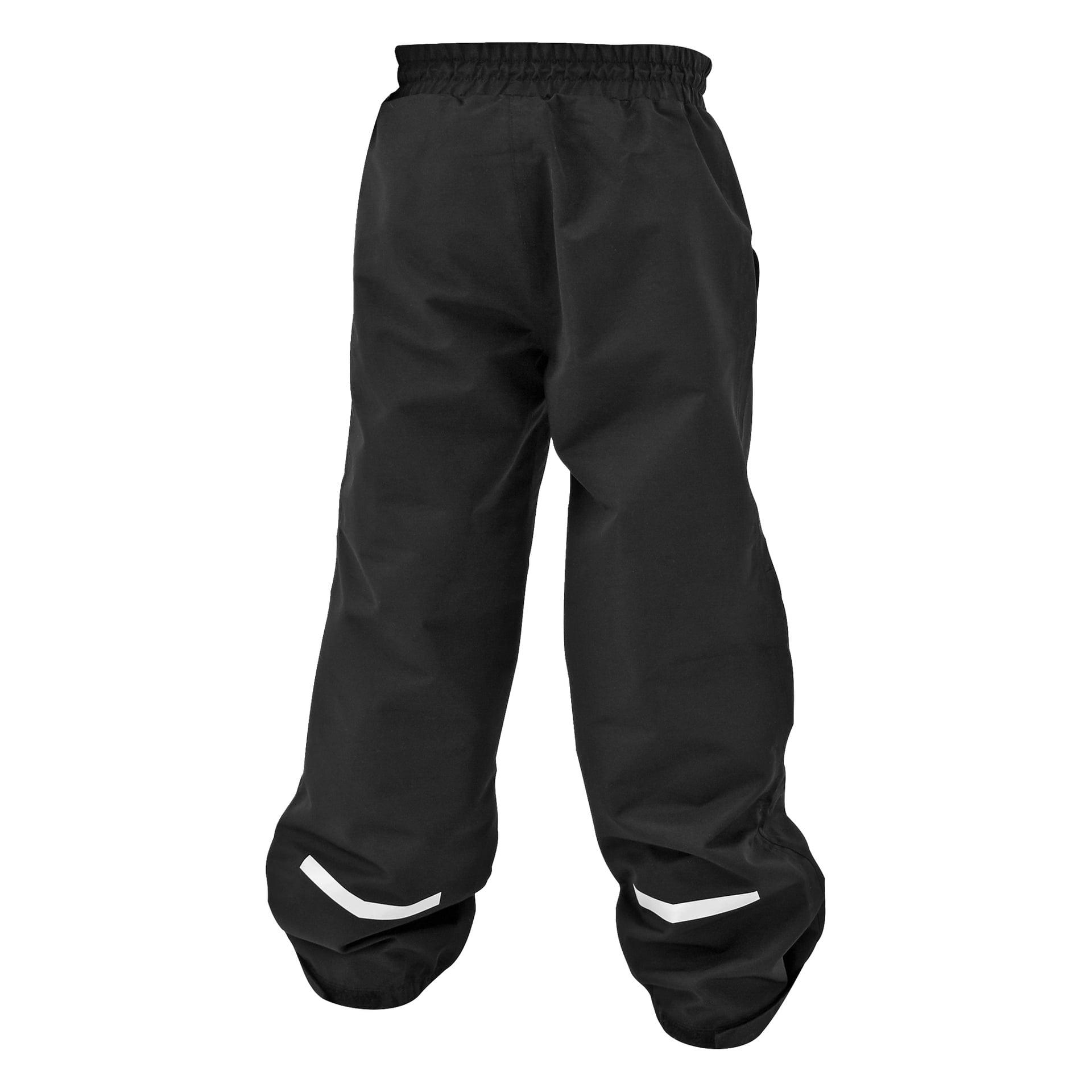 Kayoba Outdoor svarte overbukser for barn med elastisk linning og hvite reflekterende chevron-striper nederst på hvert ben.