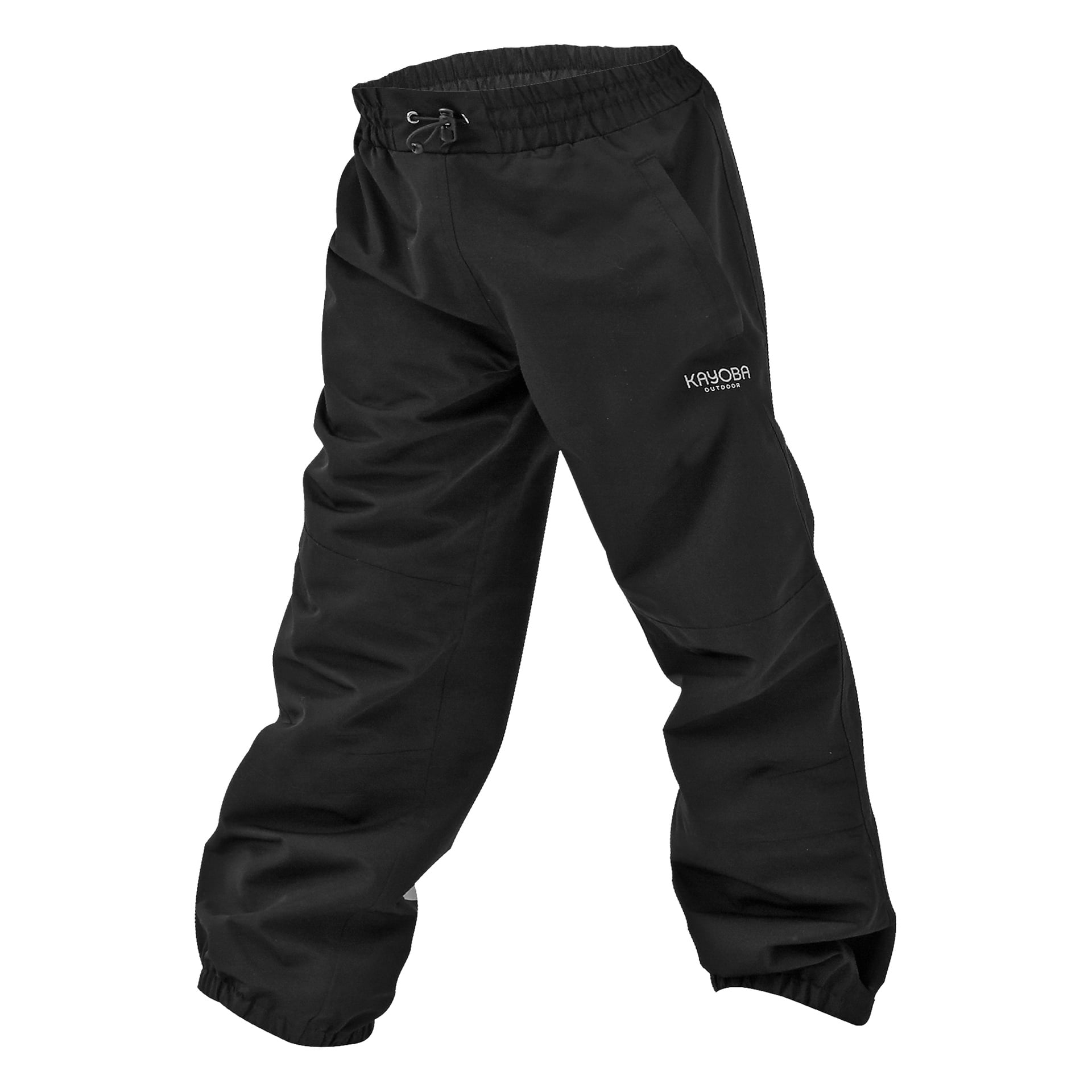 Kayoba Outdoor barnebukser—svarte, løstsittende med elastisk midje, snor og logo på venstre lår.