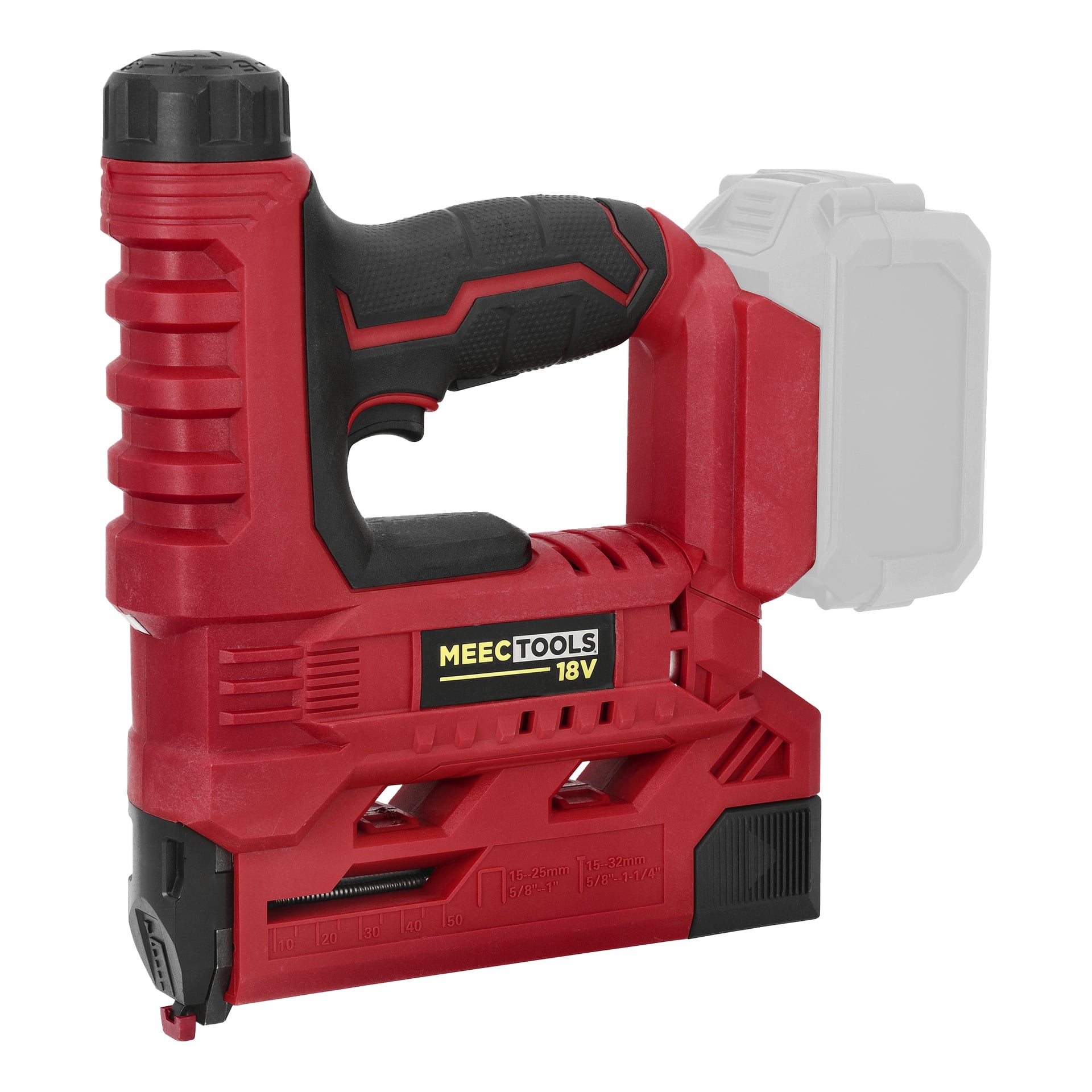 En röd och svart Meec Tools Multiseries NG-18V HOME 300 batteridriven häftpistol med texturerat grepp och tom batteriplats.