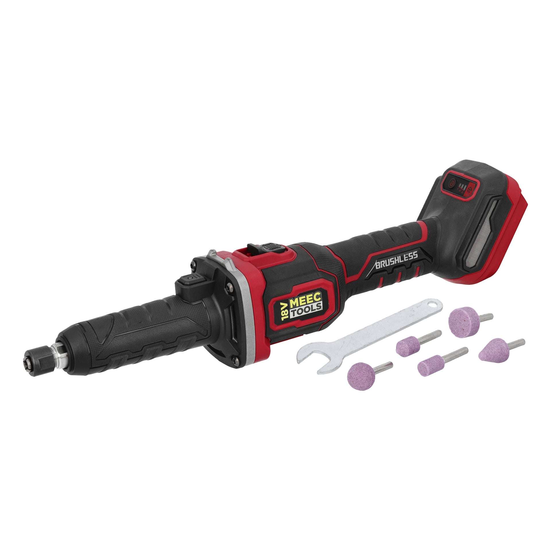 Meec Tools Multiseries Straight Grinder GM-18V HOME 500 sladdlöst roterande verktyg med 18V batteri, skiftnyckel och sex slipbitar.