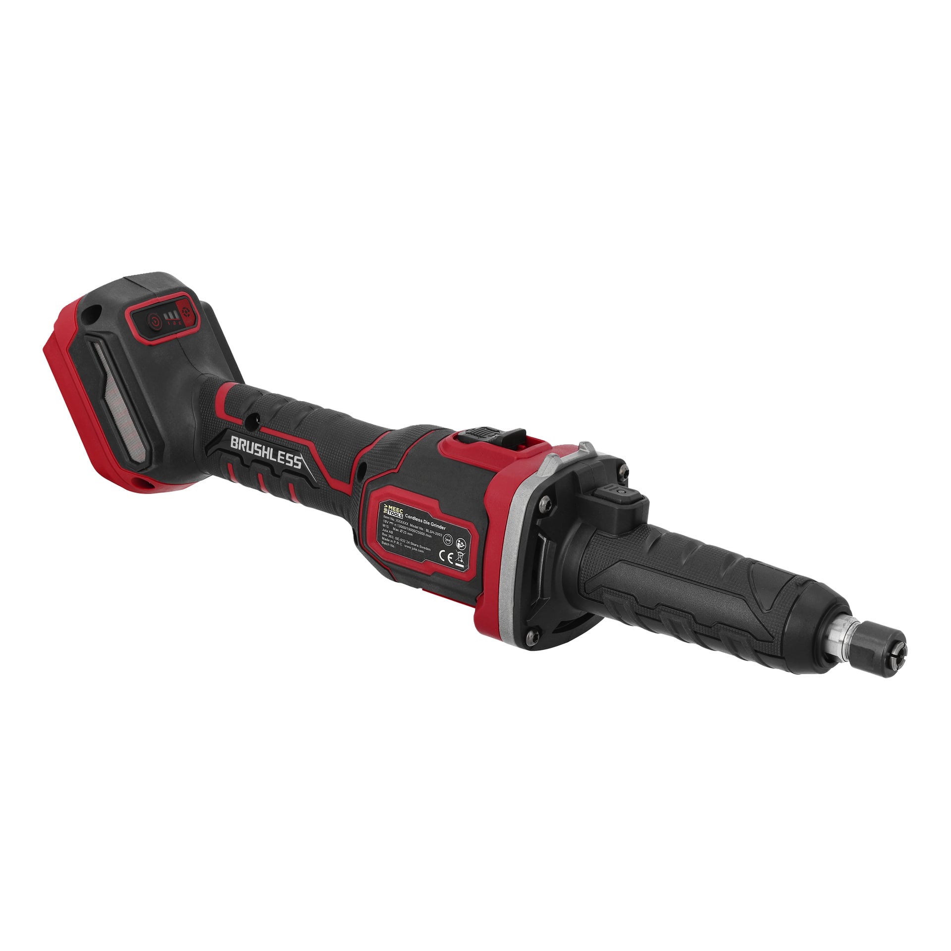 Svart och röd Meec Tools GM-18V HOME 500 sladdlös rak slipmaskin med BORSTLÖS etikett, LED-batteriindikator och strömbrytare.