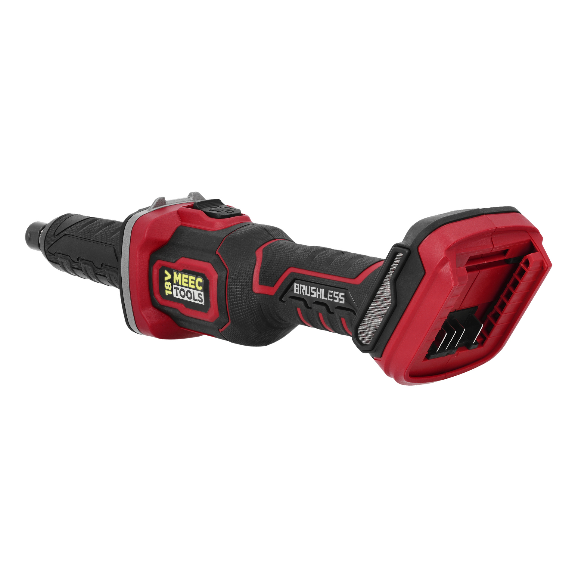 En röd och svart Meec Tools GM-18V HOME 500 rakslipare märkt "BRUSHLESS", visade utan batteri, texturerat grepp, avtryckarhandtag.