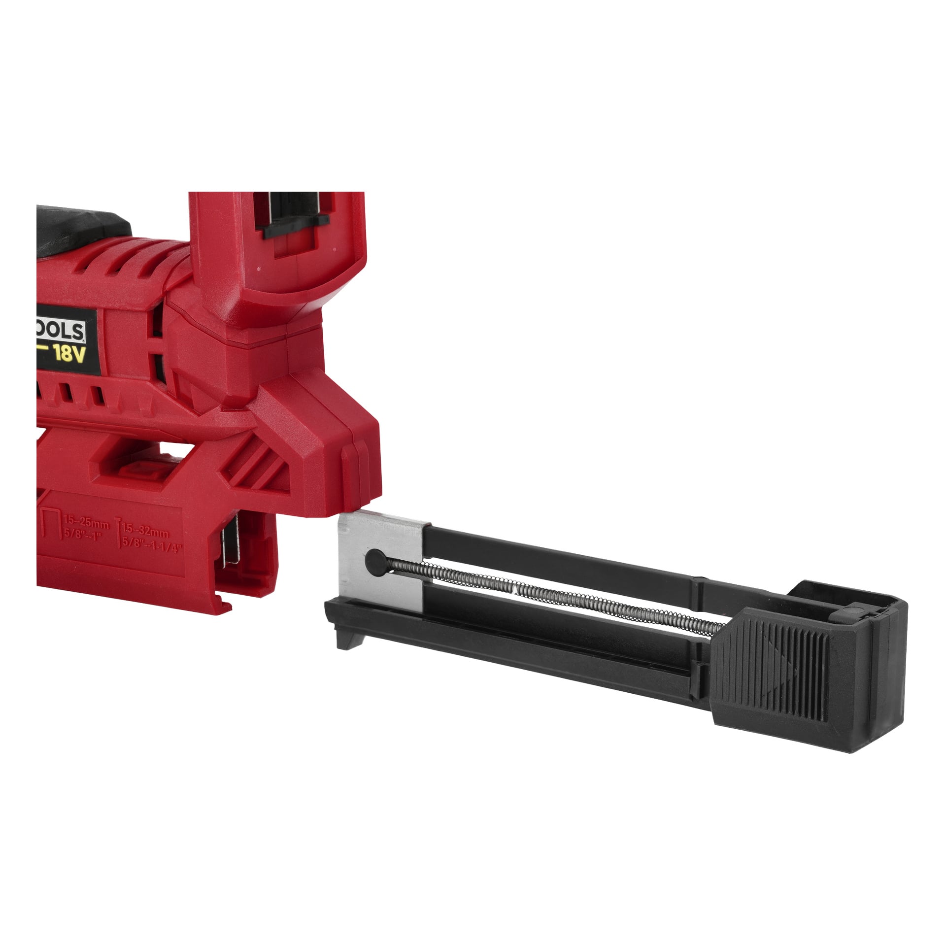 Närbild av den röda Meec Tools Multiseries NG-18V HOME 300 häftpistolen med sitt svarta och silverfärgade magasin delvis utdraget.