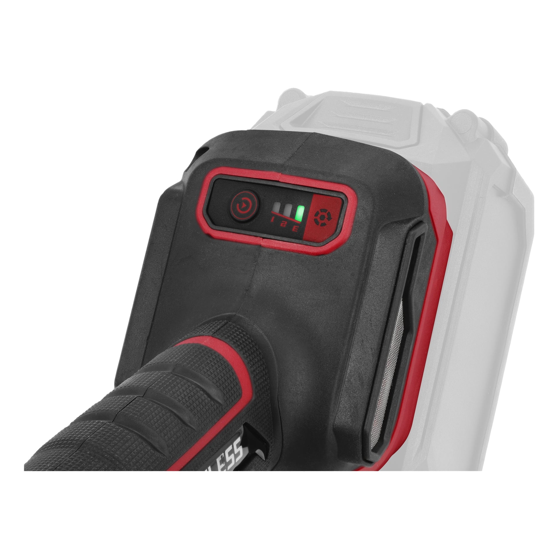 Närbild på Meec Tools GM-18V HOME 500 kvarnhandtag med digital batteridisplay, kontrollknappar och svagt batteripaket.