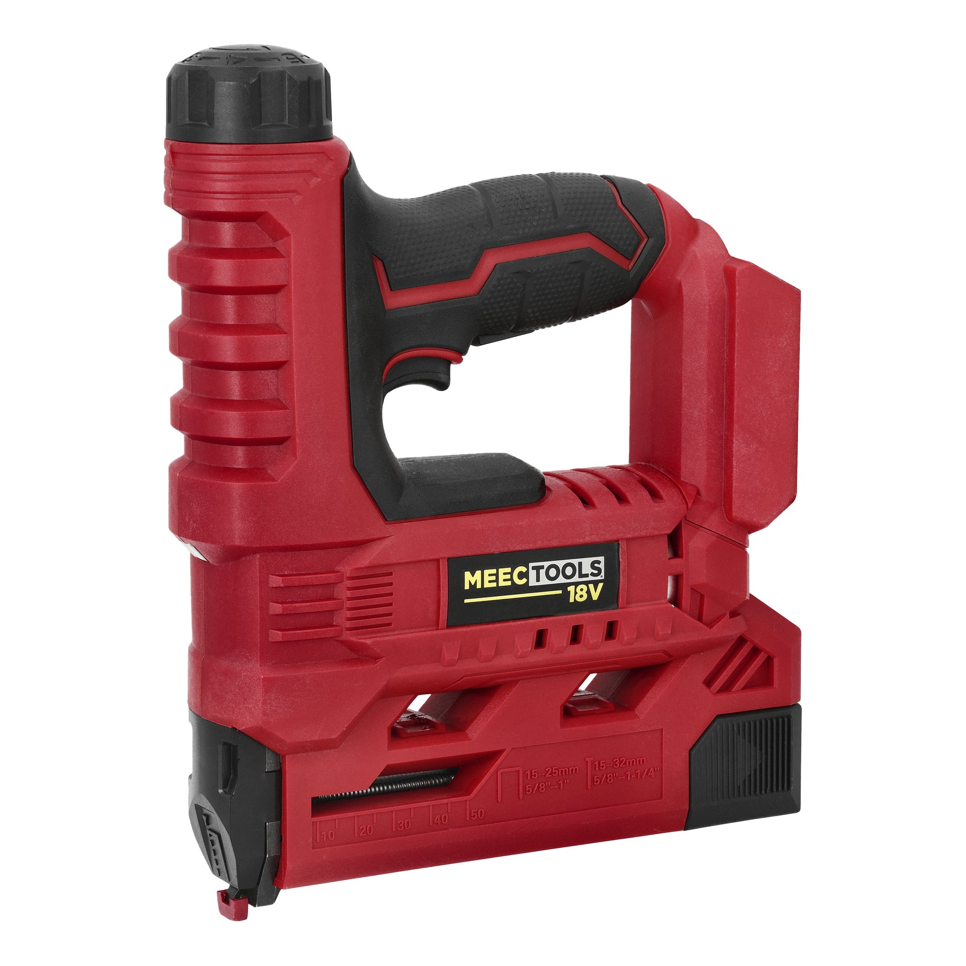 Meec Tools Multiseries NG-18V HOME 300 häftpistol i rött och svart med 18V batteriplats, texturerat grepp och kontrollknappar.