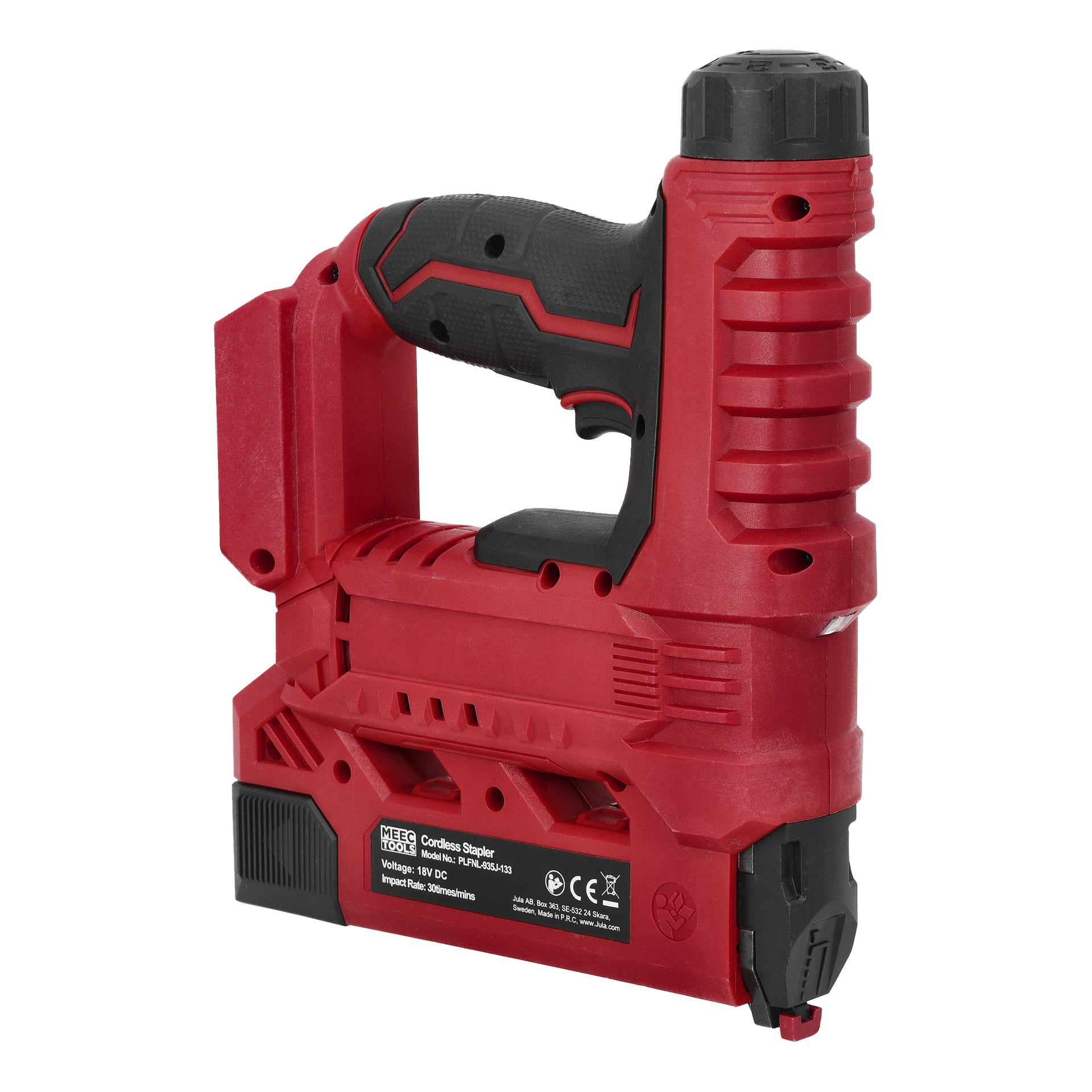 Red Meec Tools NG-18V HOME 300 batterihäftpistol med svart gummigrepp, nedre batterifack samt specifikationer och säkerhetsetiketter på sidan.