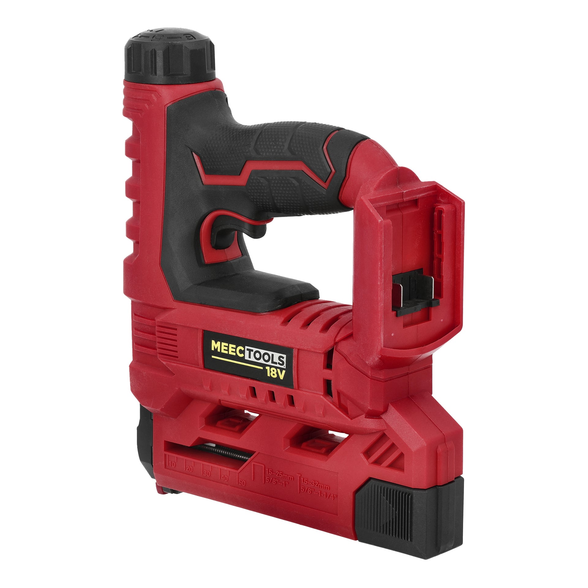 En röd och svart Meec Tools Multiseries NG-18V HOME 300 häftpistol, batteridriven, med avtryckarhandtag och bottenfack.