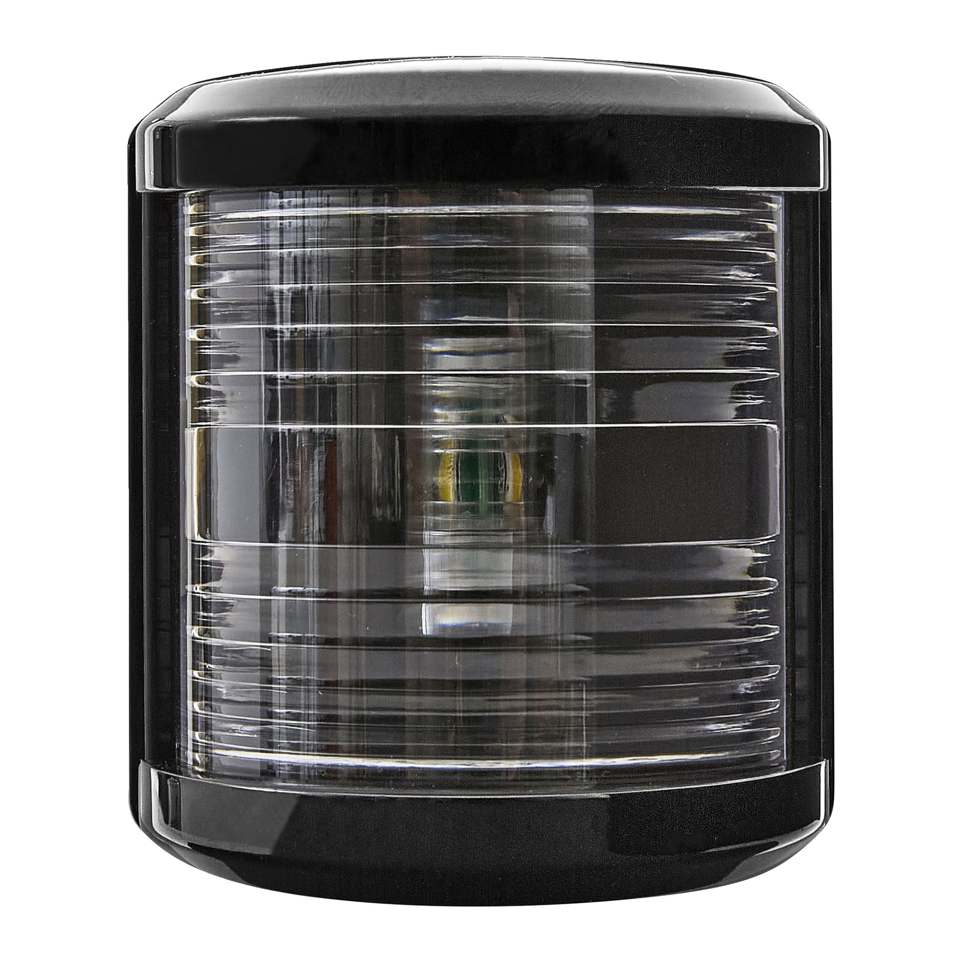 Närbild av Hamron Rear Lantern LED, en svart och klar cylindrisk marinljus med horisontella åsar och synliga inre delar.