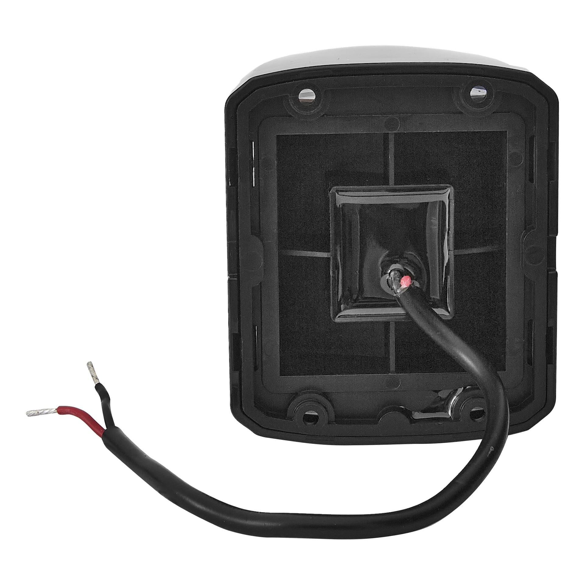 Närbild på Hamron Rear Lantern LED, svart hölje, tjock kabel med exponerade röda och svarta kablar, fyra skruvhål i hörnen.