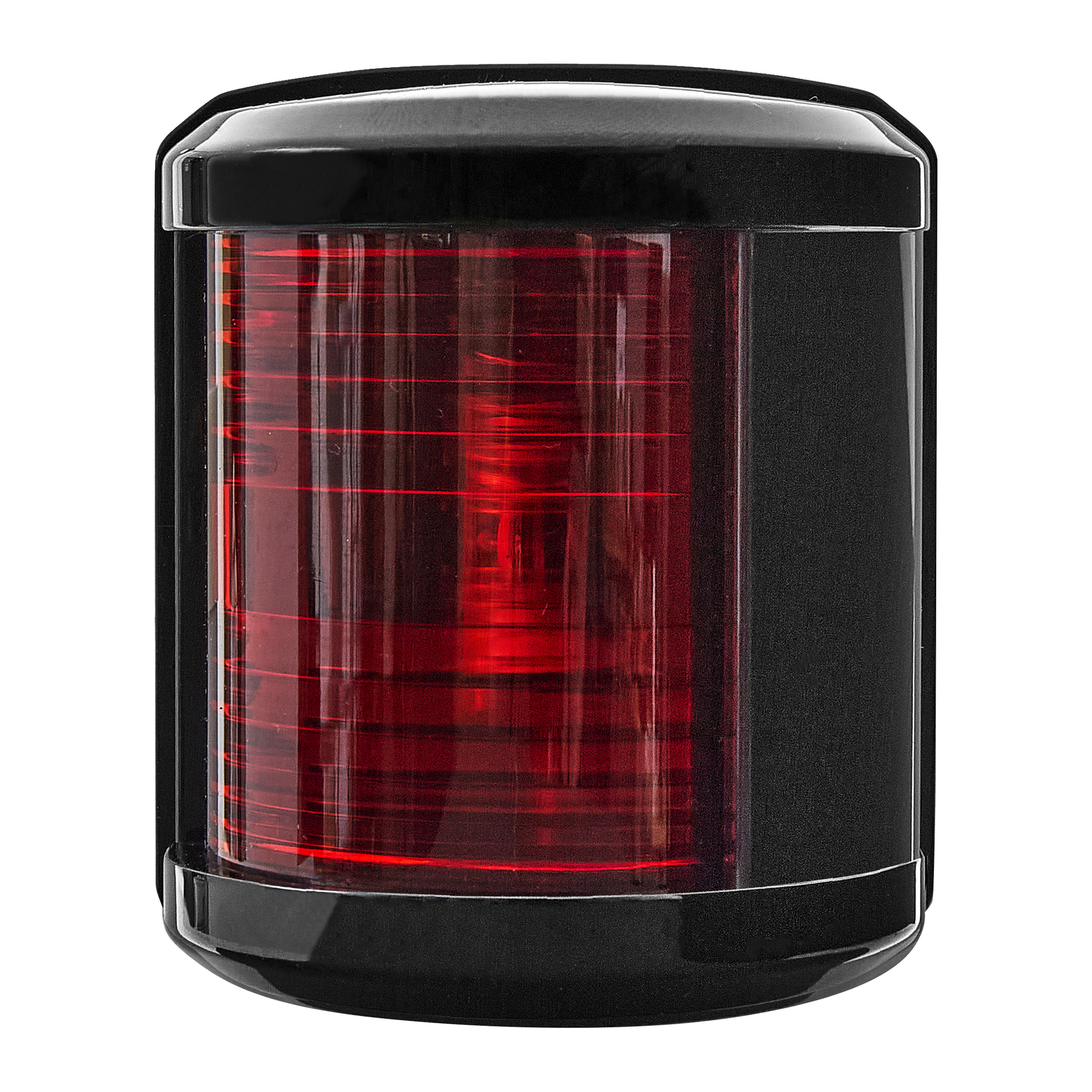 En svart och röd cylindrisk LED-lykta på portsidan med blank finish, transparent röd lock och släta ytor, sensorliknande utseende.