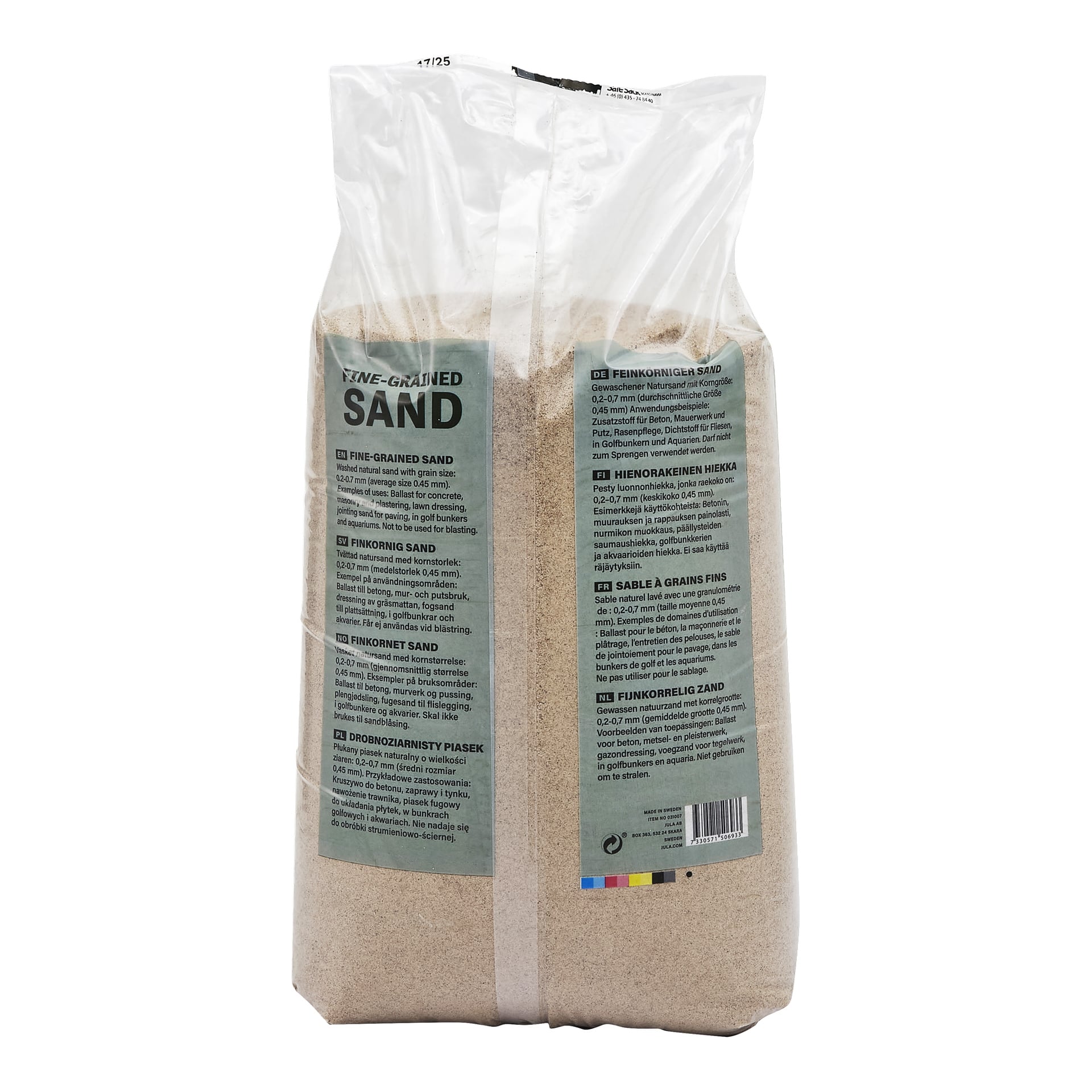 Przezroczysta plastikowa torba zawiera piasek Hard Head Fine-grained, a szczegóły produktu są podane na przedniej etykiecie w wielu językach.