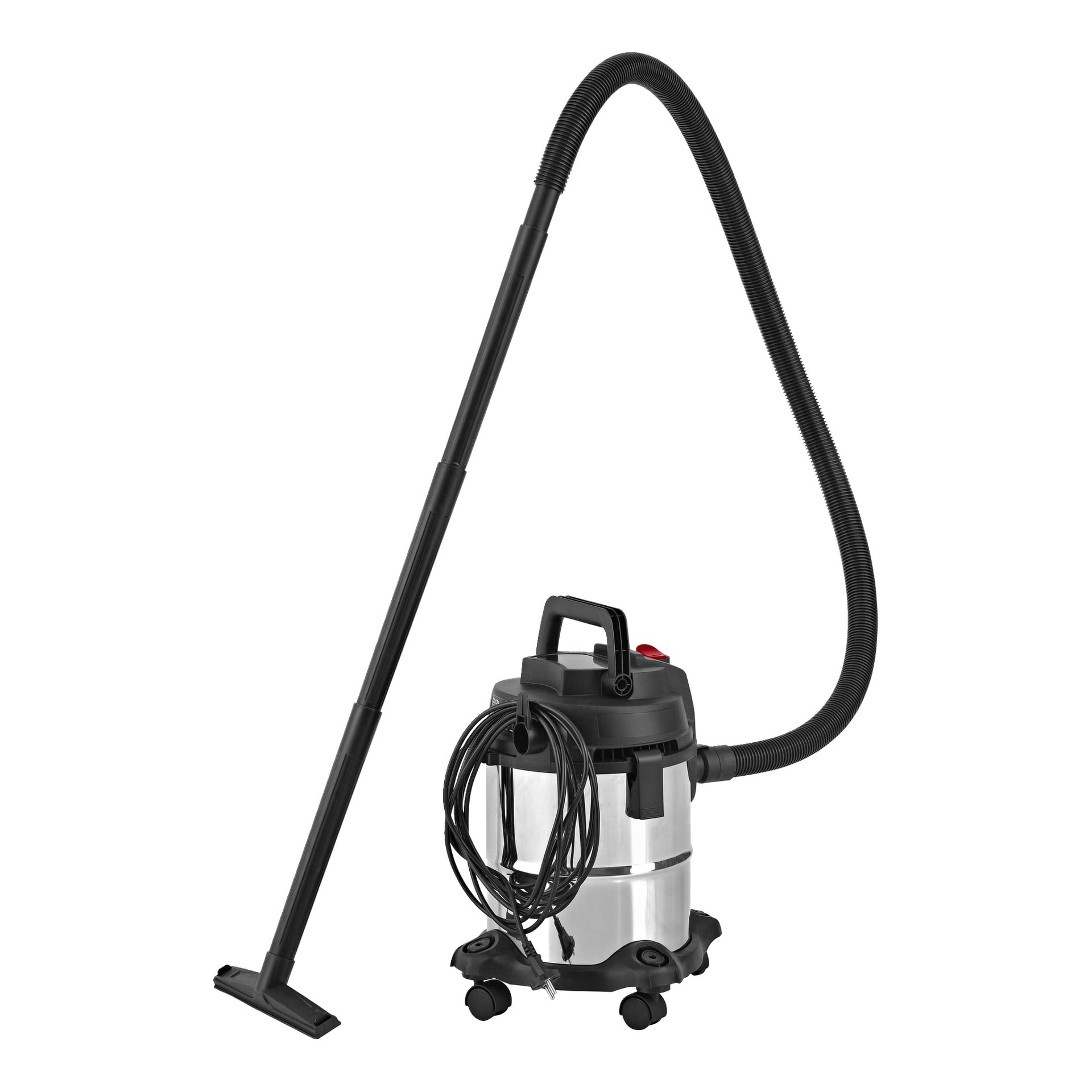 En kraftig støvsuger fra Meec Tools med metallkropp, svart slange, strømkabel, fire hjul, langt håndtak og bred dyse.