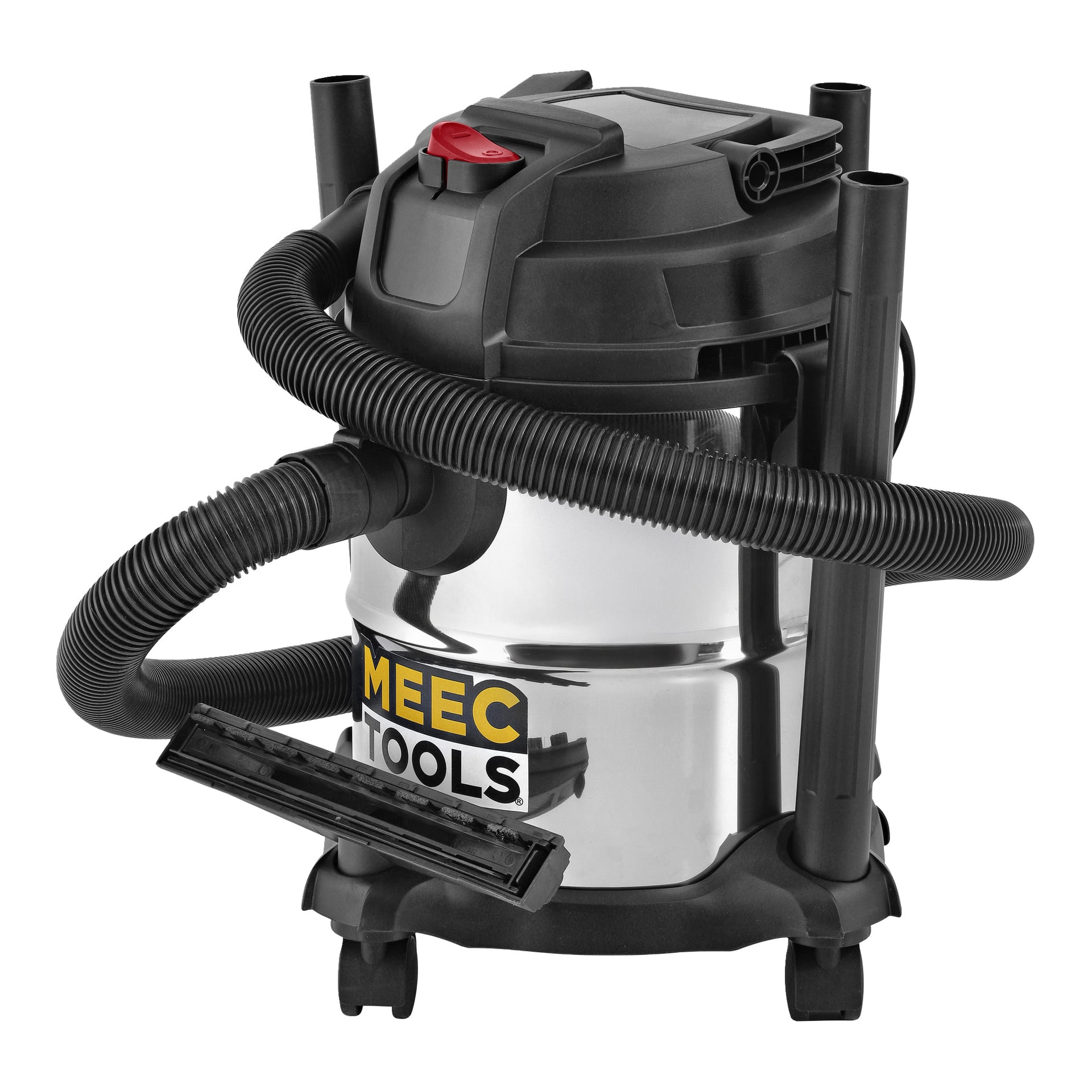 Meec Tools kraftig støvsuger med rustfritt stålkarosseri, svart topp, fleksibel slange og fire svarte hjulfelger.