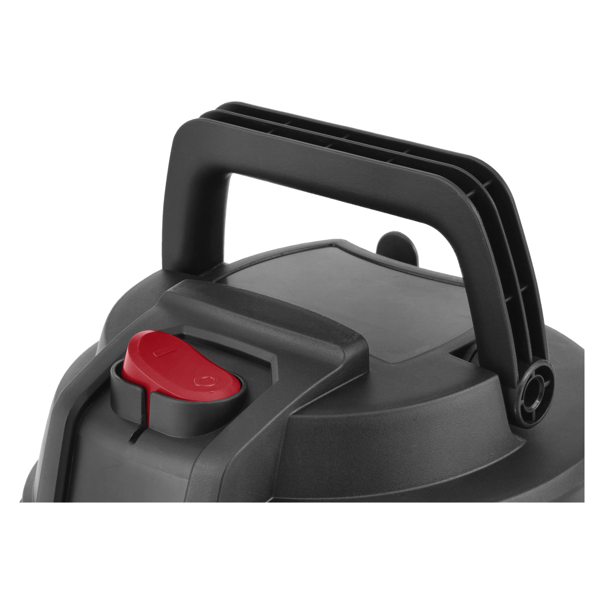 Nærbilde av toppen på Meec Tools Heavy-duty støvsuger, som viser dens robuste svart-grå kropp, tykke håndtak og røde bryter.