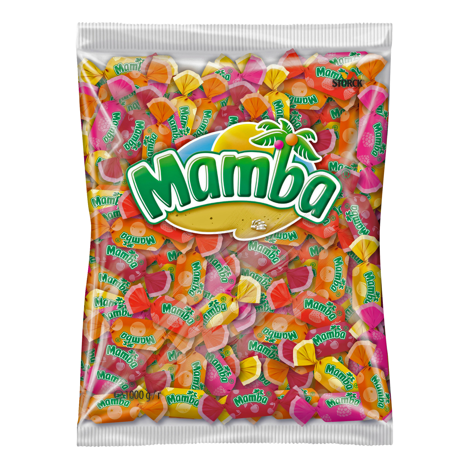 En genomskinlig plastpåse med Mamba-loggan rymmer en blandning av individuellt inslagna Mamba-frukttugg i gult, rosa, rött och orange.