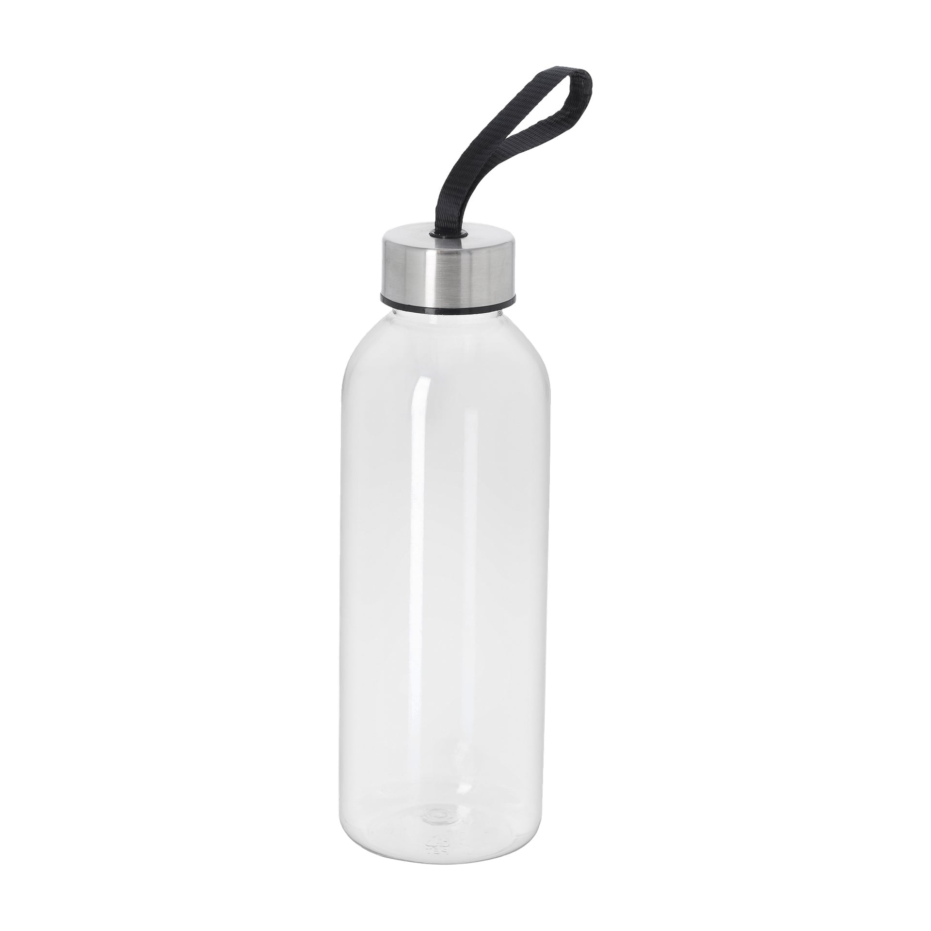 Kayoba vattenflaska med genomskinlig plastkropp, silverfärgat skruvlock och svart rem som var uppslängd genom locket.