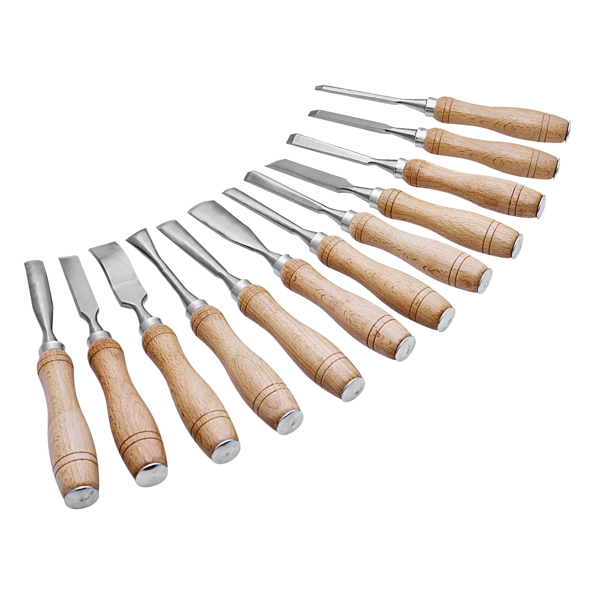 Meec Tools träsnickeriset innehåller 12 mejslar med lätta trähandtag och olika formade metallblad, prydligt arrangerade.