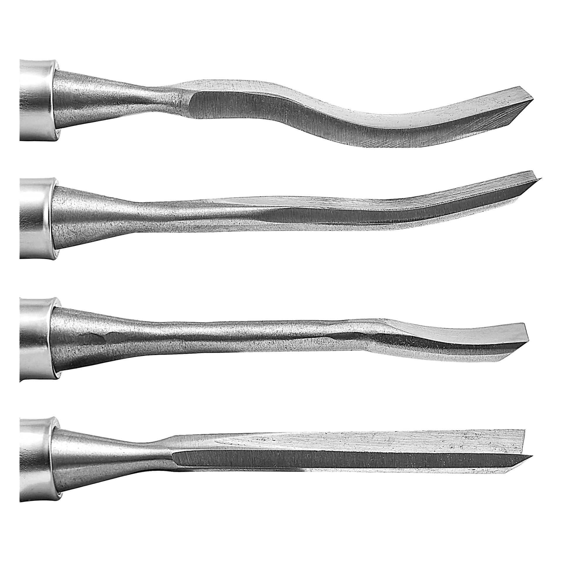 Tolv Meec Tools träskärningsverktyg är uppradade horisontellt, var och en med en distinkt bladform från vinklad till böjd och platt.