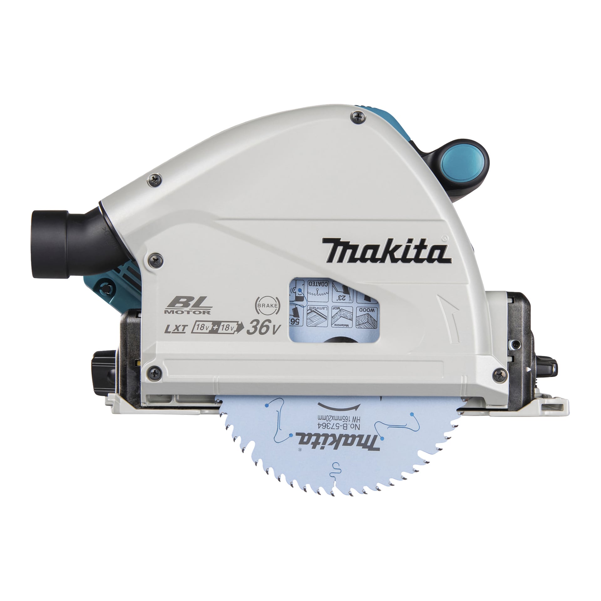 Makita valkoinen paristokäyttöinen upotusaha DSP600ZJ, sininen lapa näkyvissä, BL-moottorin etiketti, 36V LXT-merkintä, kytkimet ja vivut.