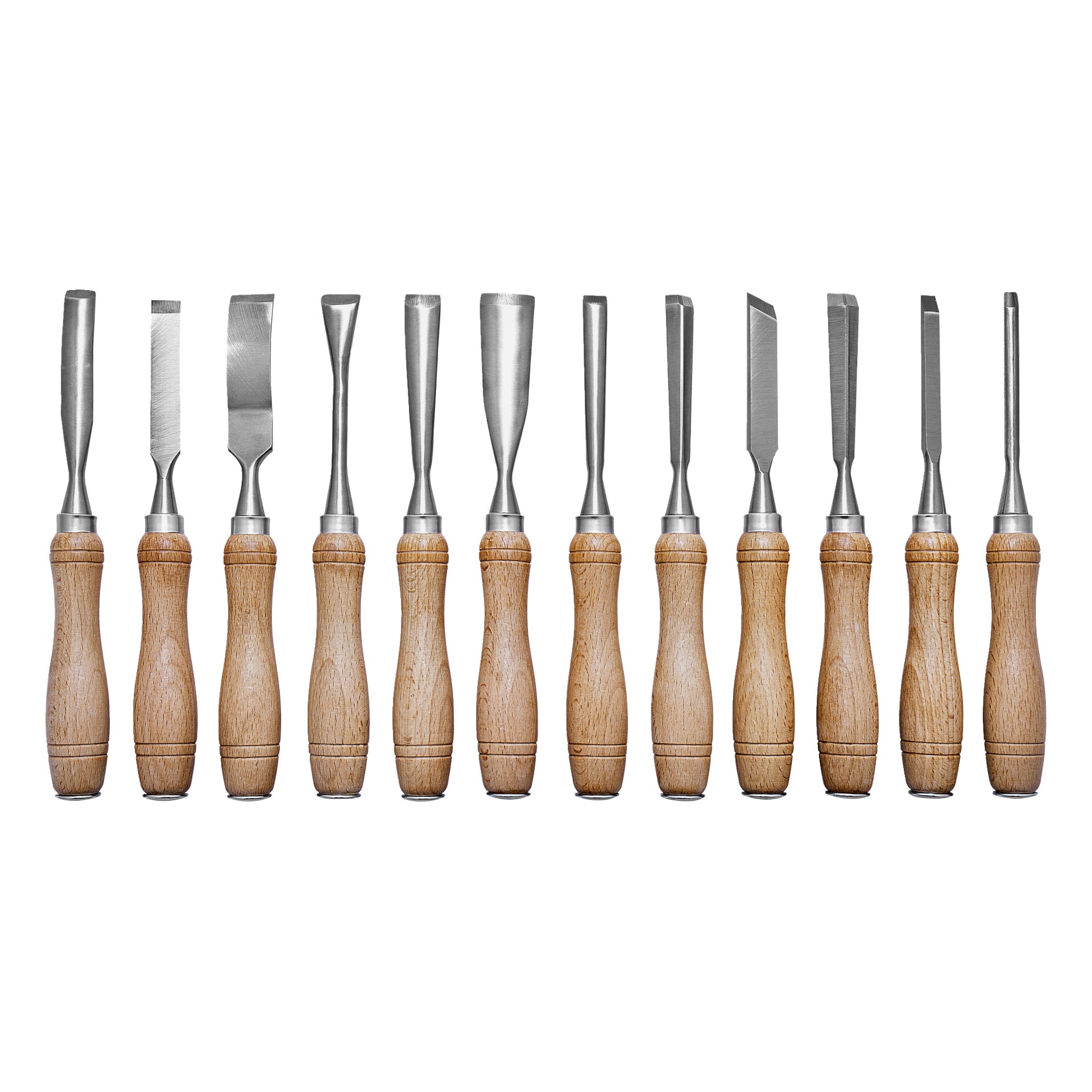 Tolv Meec Tools träskulptörer med metallblad och lätta trähandtag, var och en med en unik bredd och form, radade upp.