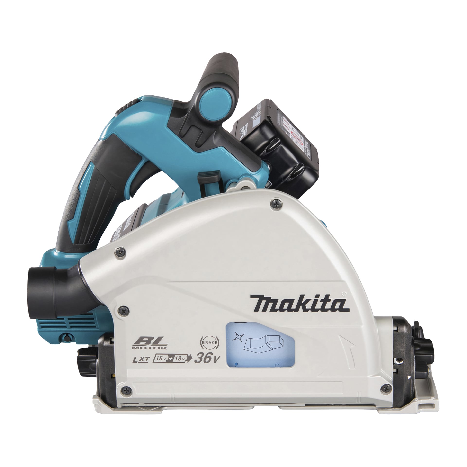 Makita LXT DSP600ZJ upotussaha, jossa on sinimusta kahva, takaparisto, valkoinen kori, brändäys, mallitiedot ja kirkas sivuikkuna.
