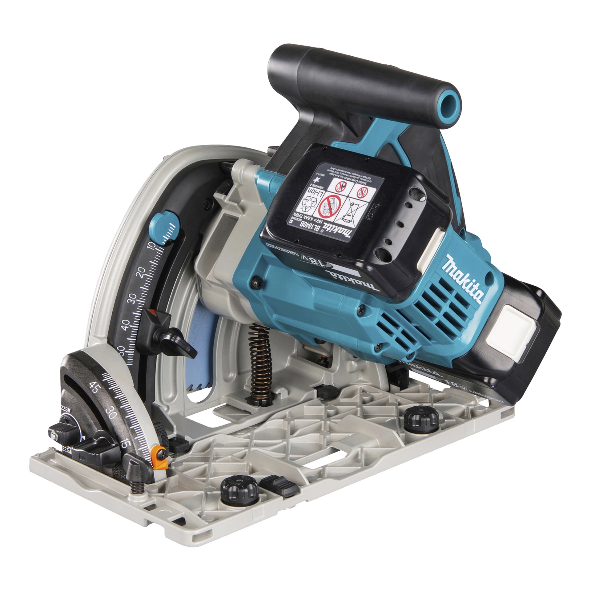 Makita LXT DSP600ZJ -upotusahaa sisältää sinimustan rungon, kulmamittarin, kahvan, teräsuojuksen ja akkutilan.