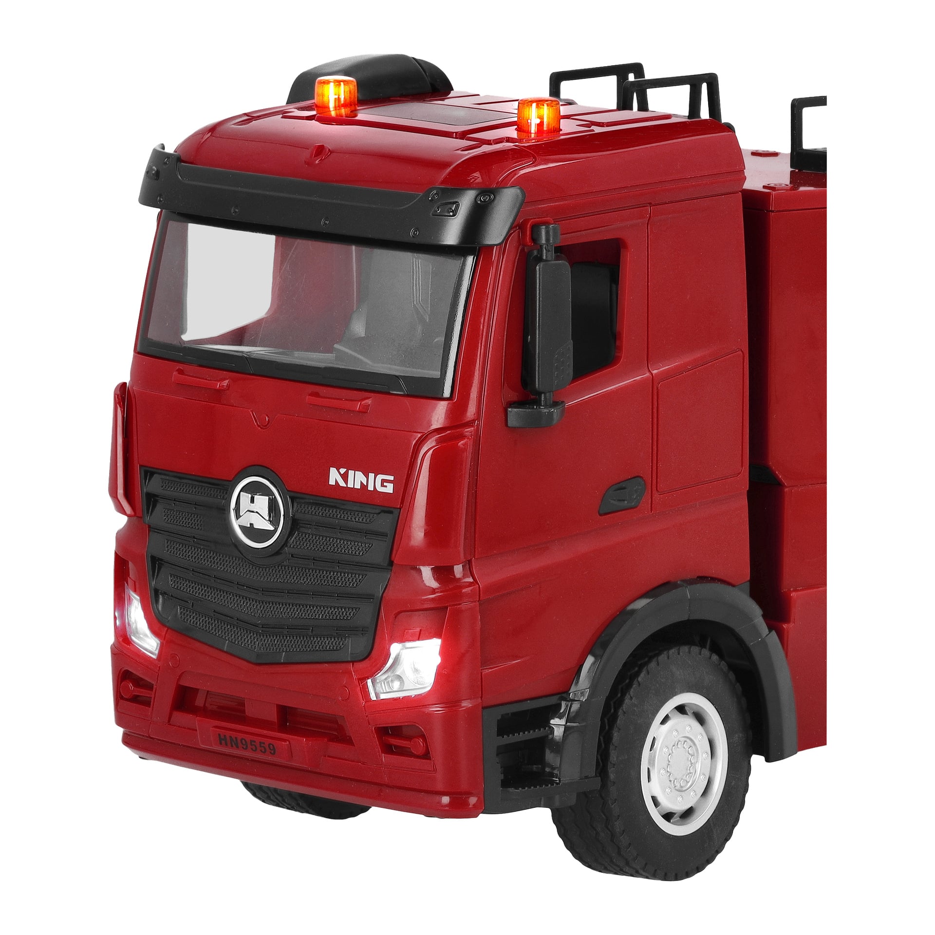 Nahaufnahme des funkferngesteuerten Kayoba-Feuerwehrautos, mit KING auf dem Grill, orangefarbenen Dachleuchten und detaillierter Lkw-Kabine.
