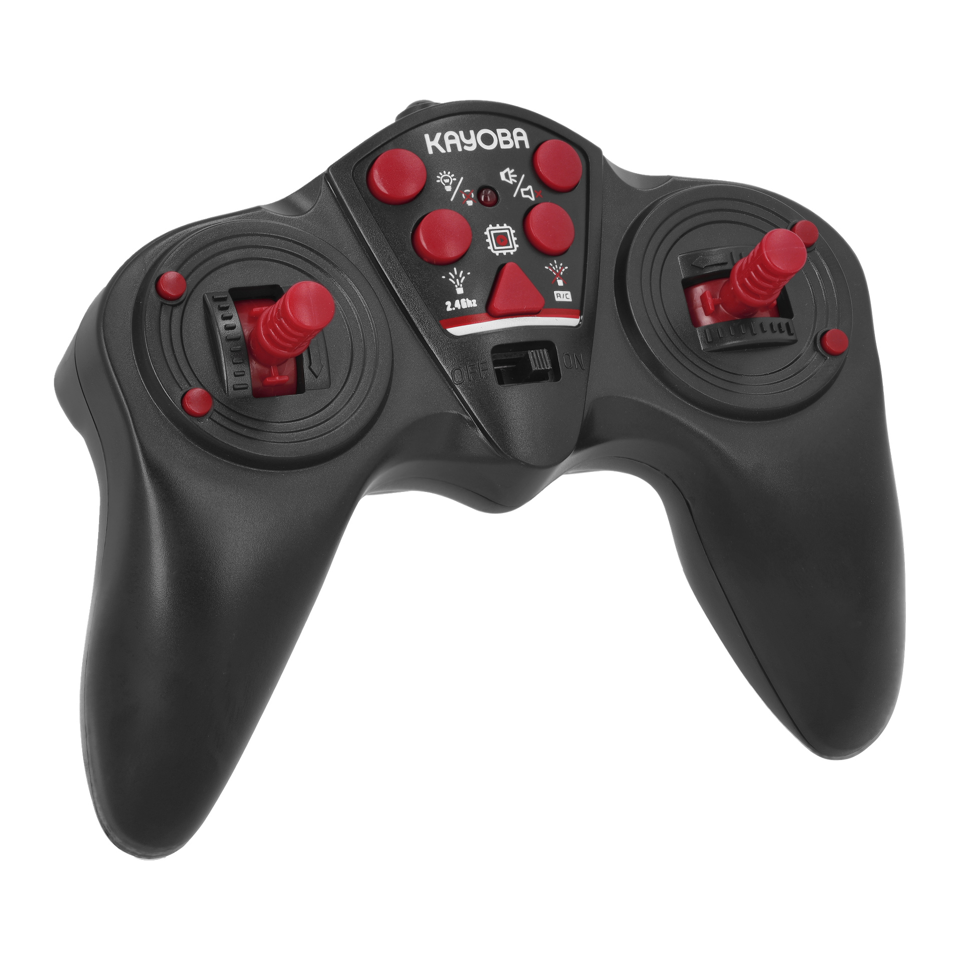 Eine schwarze Kayoba-Fernbedienung mit roten Joysticks, roten Knöpfen, weißen Symbolen und dem KAYOBA-Logo oben angezeigt.