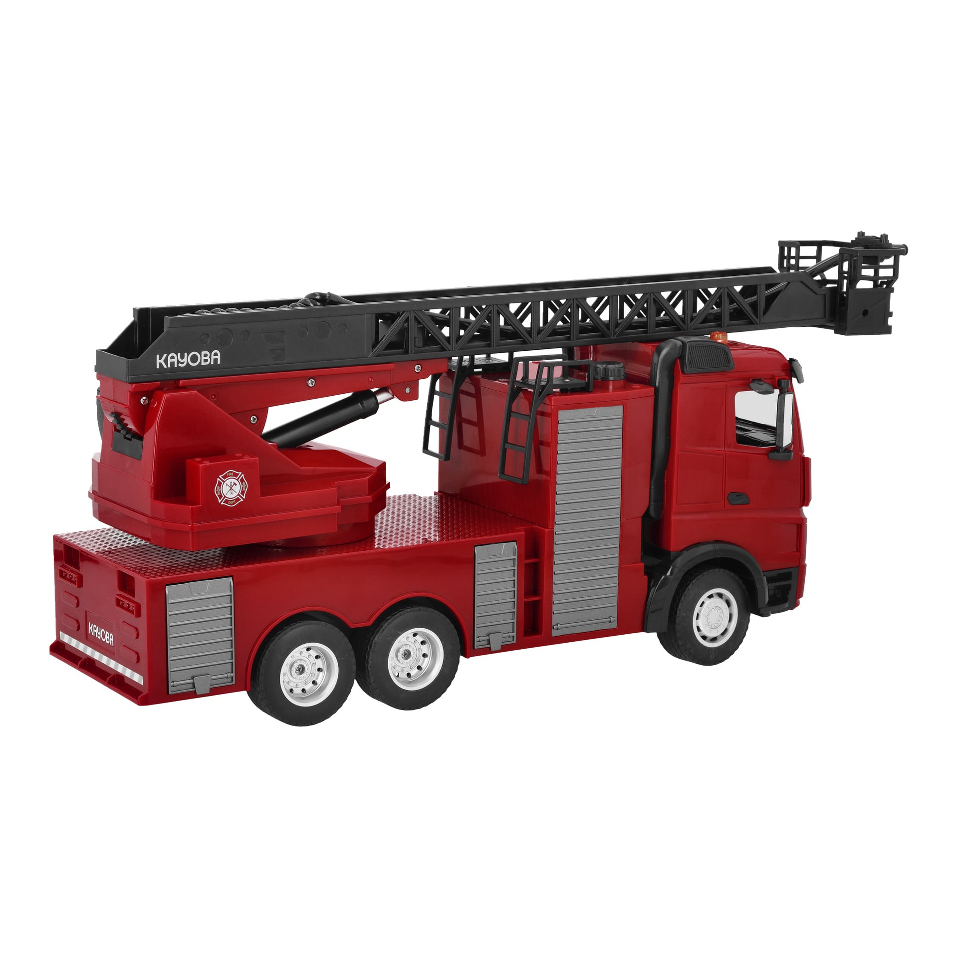 Ein Kayoba RC-Feuerwehrauto mit sechs Rädern, silbernen Seiten, einer schwarzen Leiter oben, detaillierten Führerstandsfenstern und -türen sowie einem Feuerwehrabzeichen.