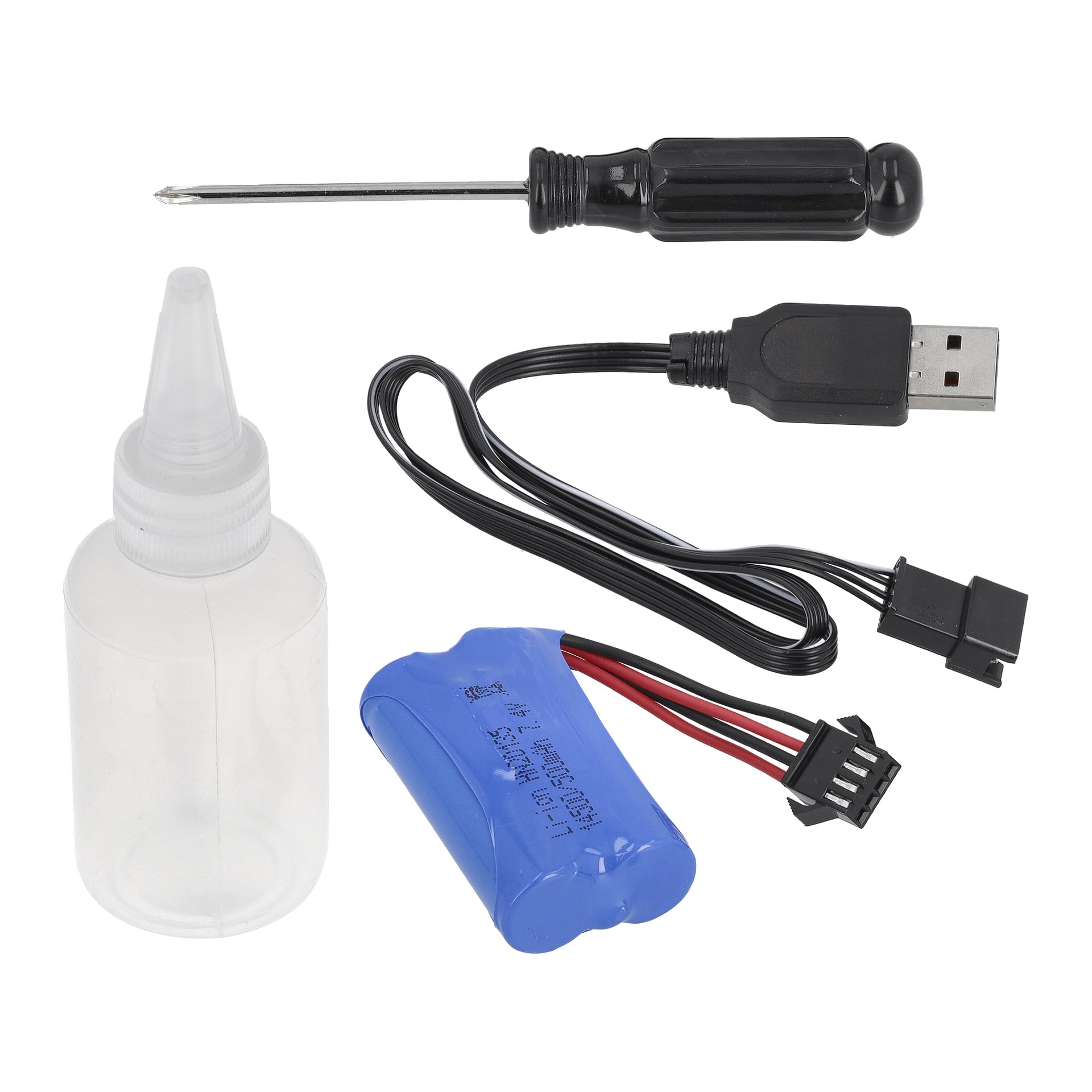 Das Kayoba RC Feuerwehrfahrzeug-Set verfügt über eine durchsichtige Quetschflasche, einen Kreuzschlitzschraubendreher, ein blaues Batteriepaket mit Kabeln und ein USB-Kabel.