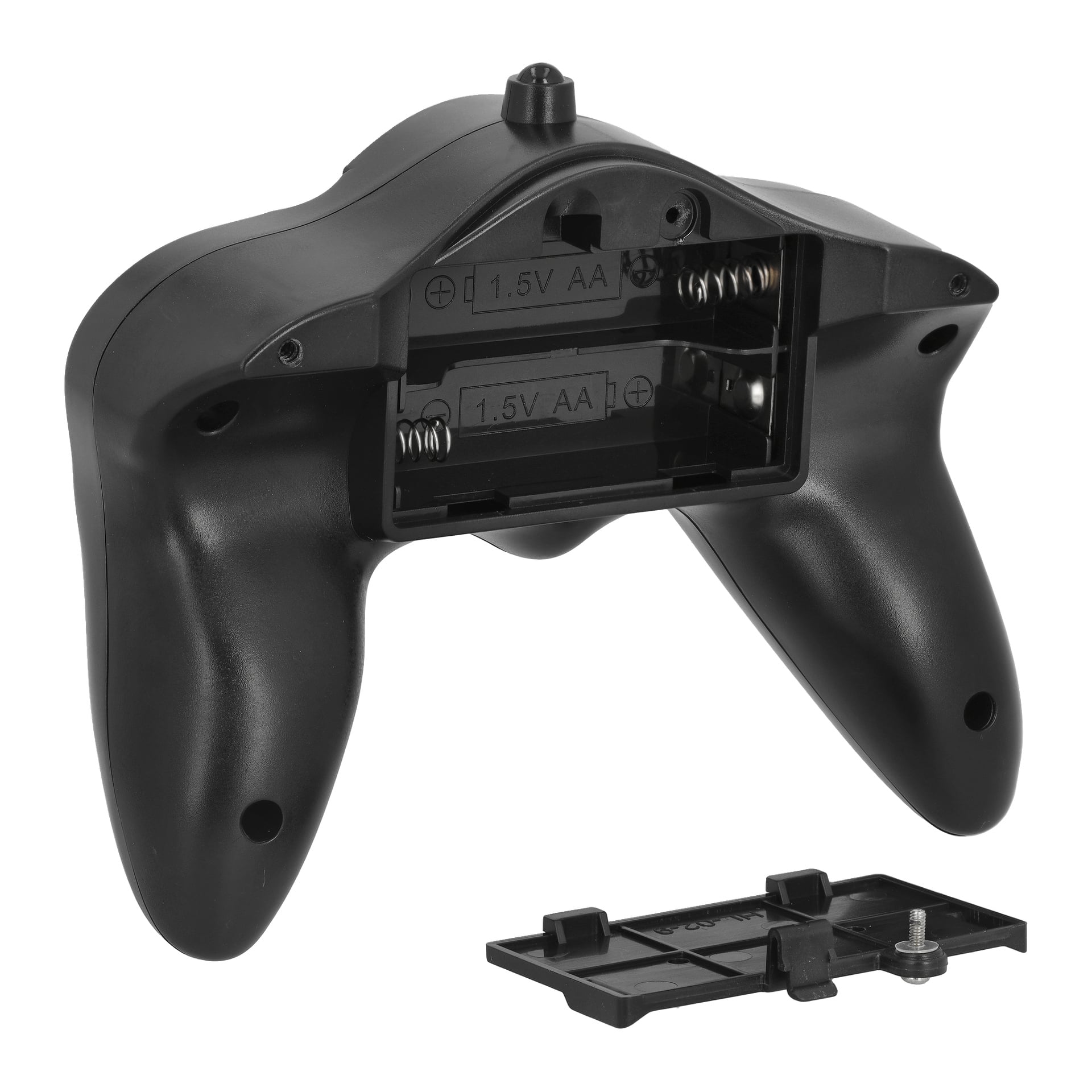 Ein Kayoba RC-Feuerwehrauto mit offenem Batteriefach, vorne abgedeckte Abdeckung, freiliegend für zwei AA-Batterien und Metallkontakte.