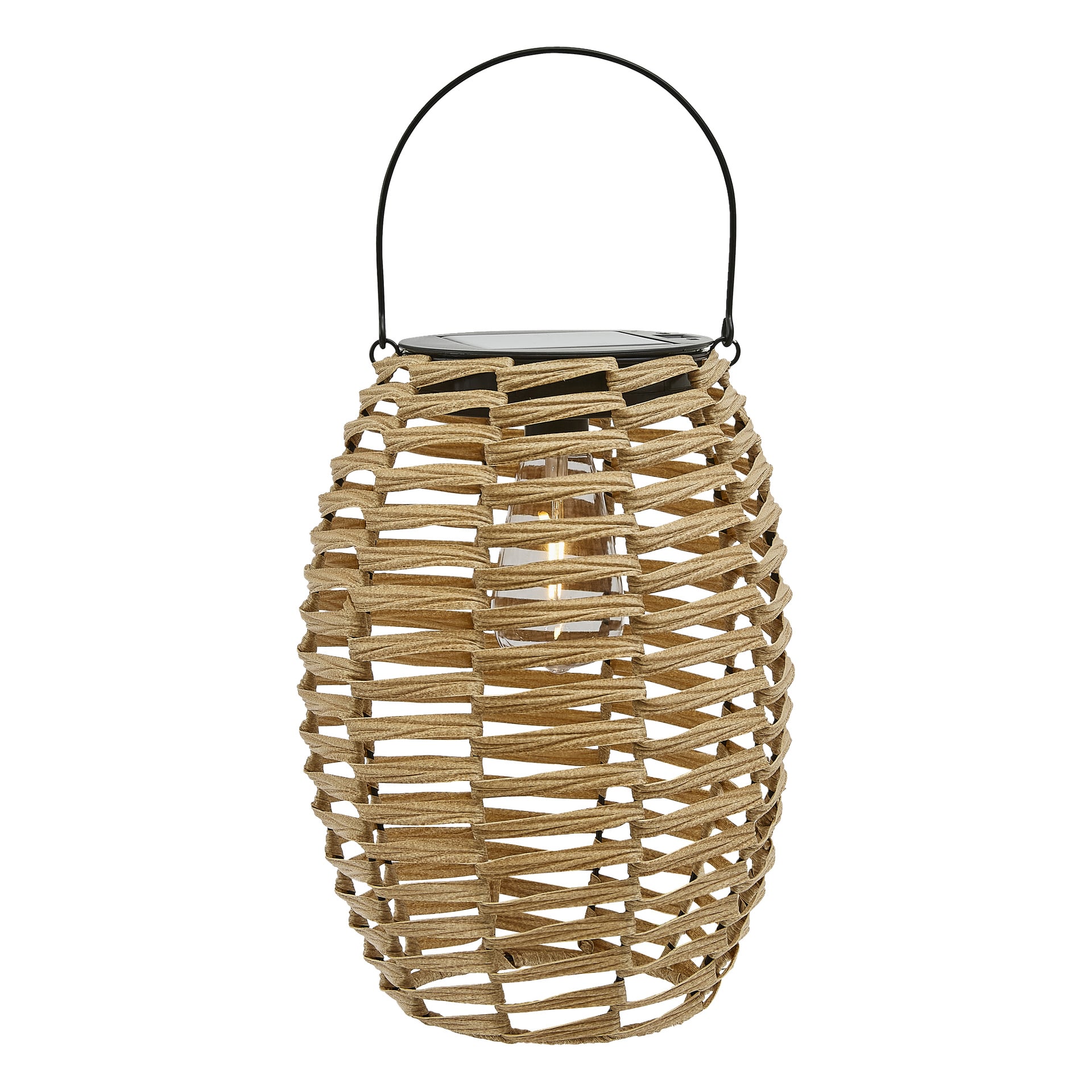 Solar lantern LED firmy Anslut to tkana latarnia o owalnym kształcie z czarną metalową rączką i wewnętrznym uchwytem na szkło, idealna do oświetlenia dekoracyjnego lub ambientowego.