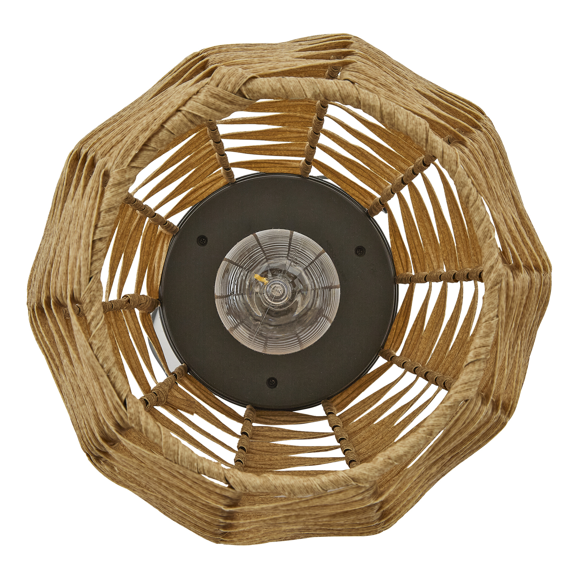 Lampa LED słoneczna od Anslut jest wyświetlana od spodu, z okrągłą żarówką i czarną oprawą umieszczoną w geometrycznym, naturalnie kolorowym tkanym rattanowym cieniu.