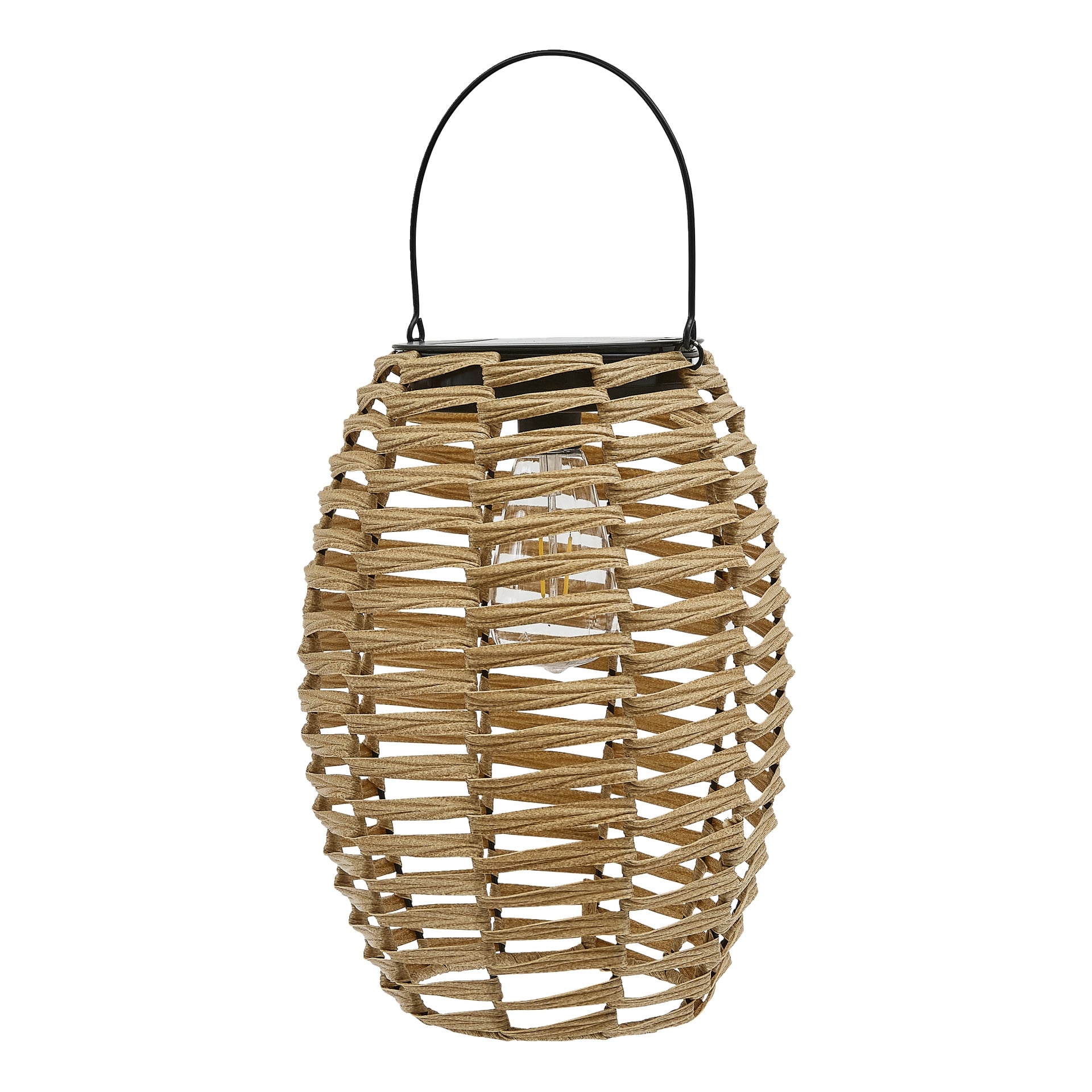 Lampa LED Solar Lantern od Anslut ma zaokrągloną wiklinową konstrukcję, z widoczną żarówką LED w środku oraz czarnym metalowym uchwytem na górze do przenoszenia lub wieszania.