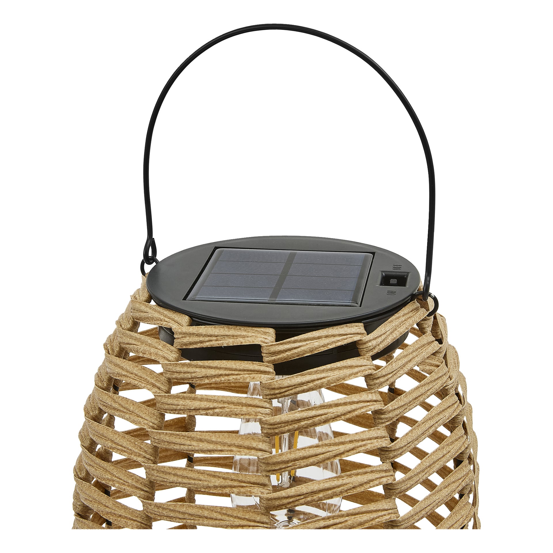 Zbliżenie lampy LED Anslut Solar przedstawia czarną rączkę, okrągły panel słoneczny na górze oraz jasnobrązowy wzór w kształcie splotu koszyków.