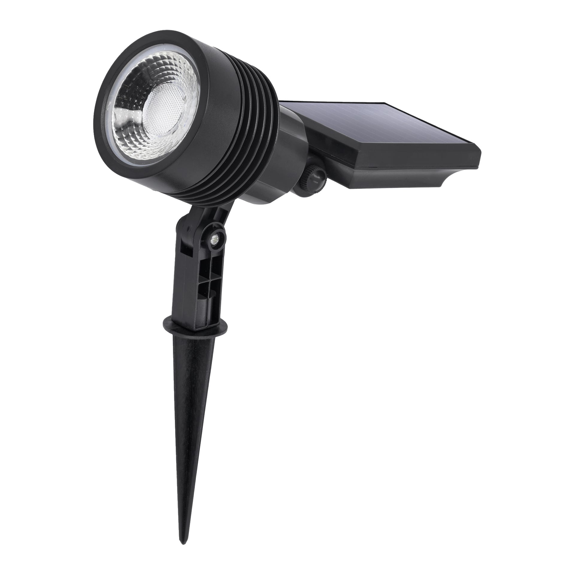 lampa LED Anslut z okrągłą głowicą, regulowanym ramieniem, wbudowanym panelem słonecznym i kolczastym kołkiem do ustawienia ziemi.