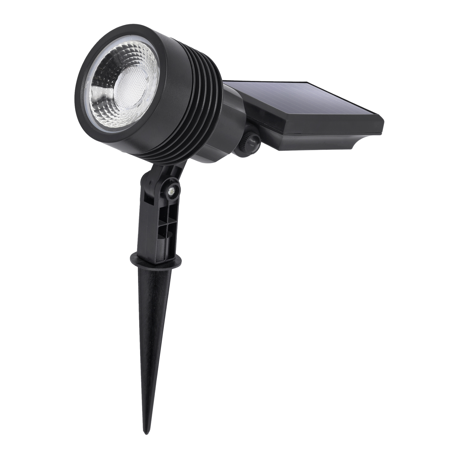 lampa LED Anslut z okrągłą głowicą, regulowanym ramieniem, wbudowanym panelem słonecznym i kolczastym kołkiem do ustawienia ziemi.