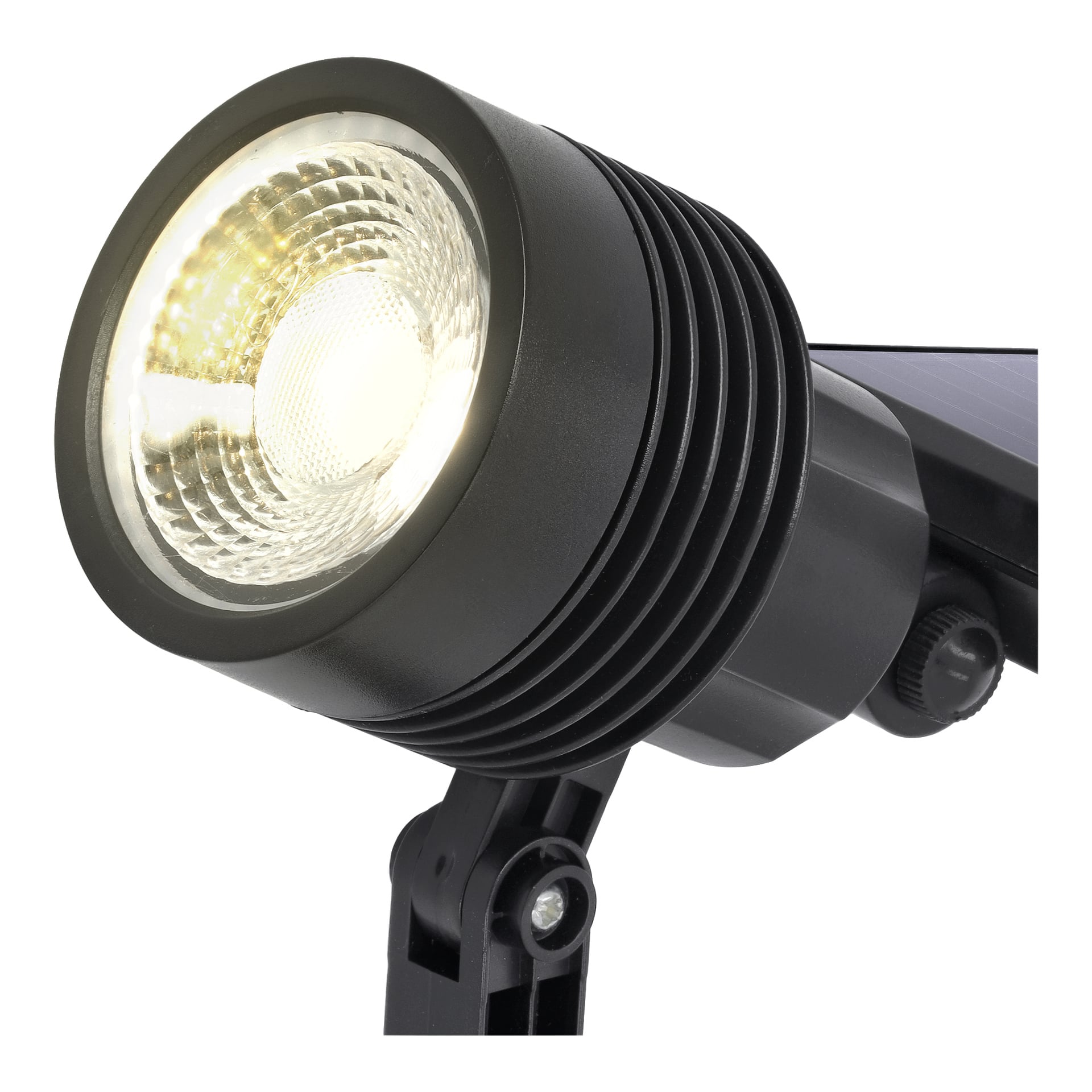 reflektor LED Anslut zapalił się, ukazując okrągłą powierzchnię światła i żebrowany radiator, zamocowany na regulowanym wsporniku.