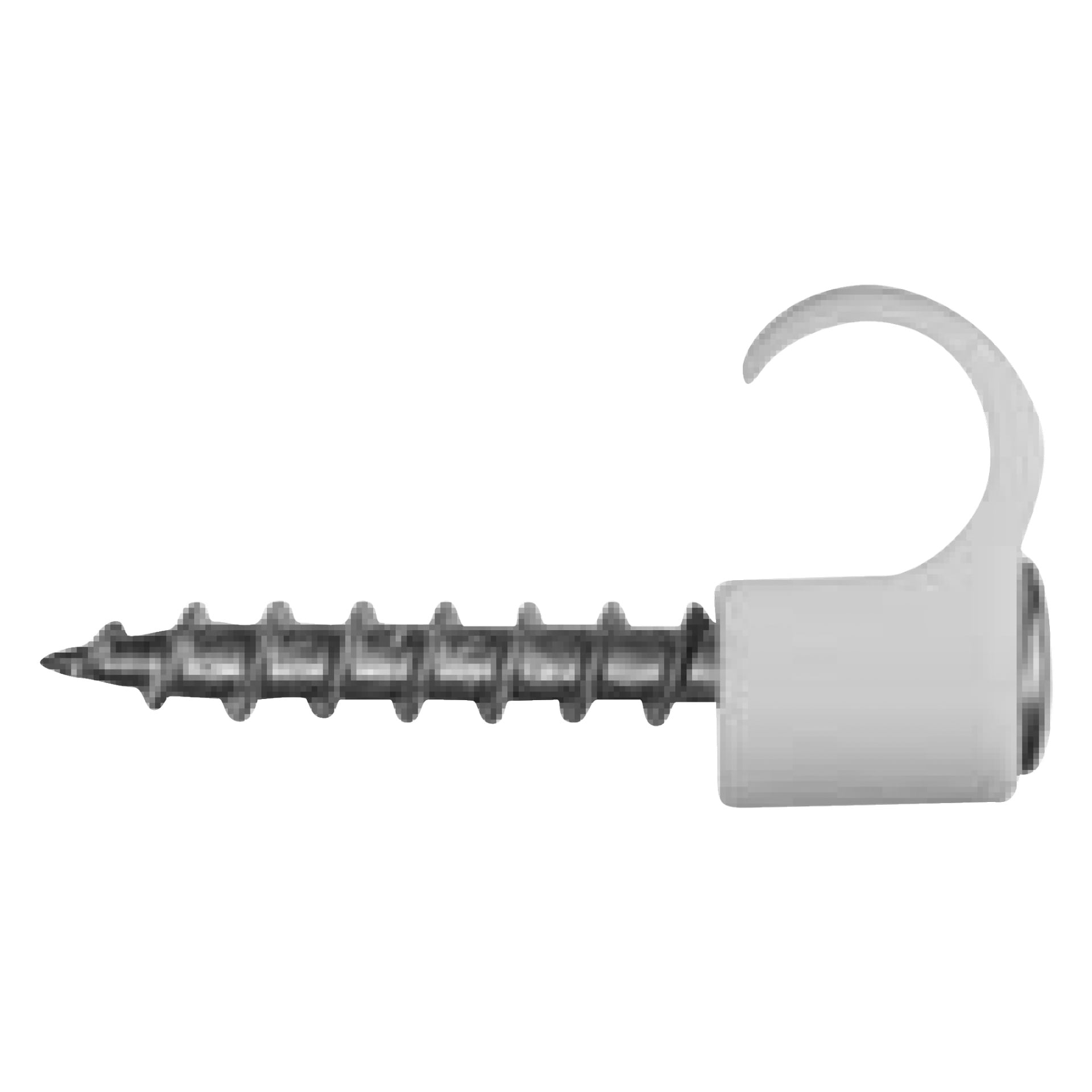 Schneider Electric Screw clips TCS-C3 består av metallskruvar med vassa spetsar och spiralgängor, var och en toppad med en vit plastkrok eller klämma fäst vid huvudet, gjord för att säkert montera eller hålla föremål på plats.