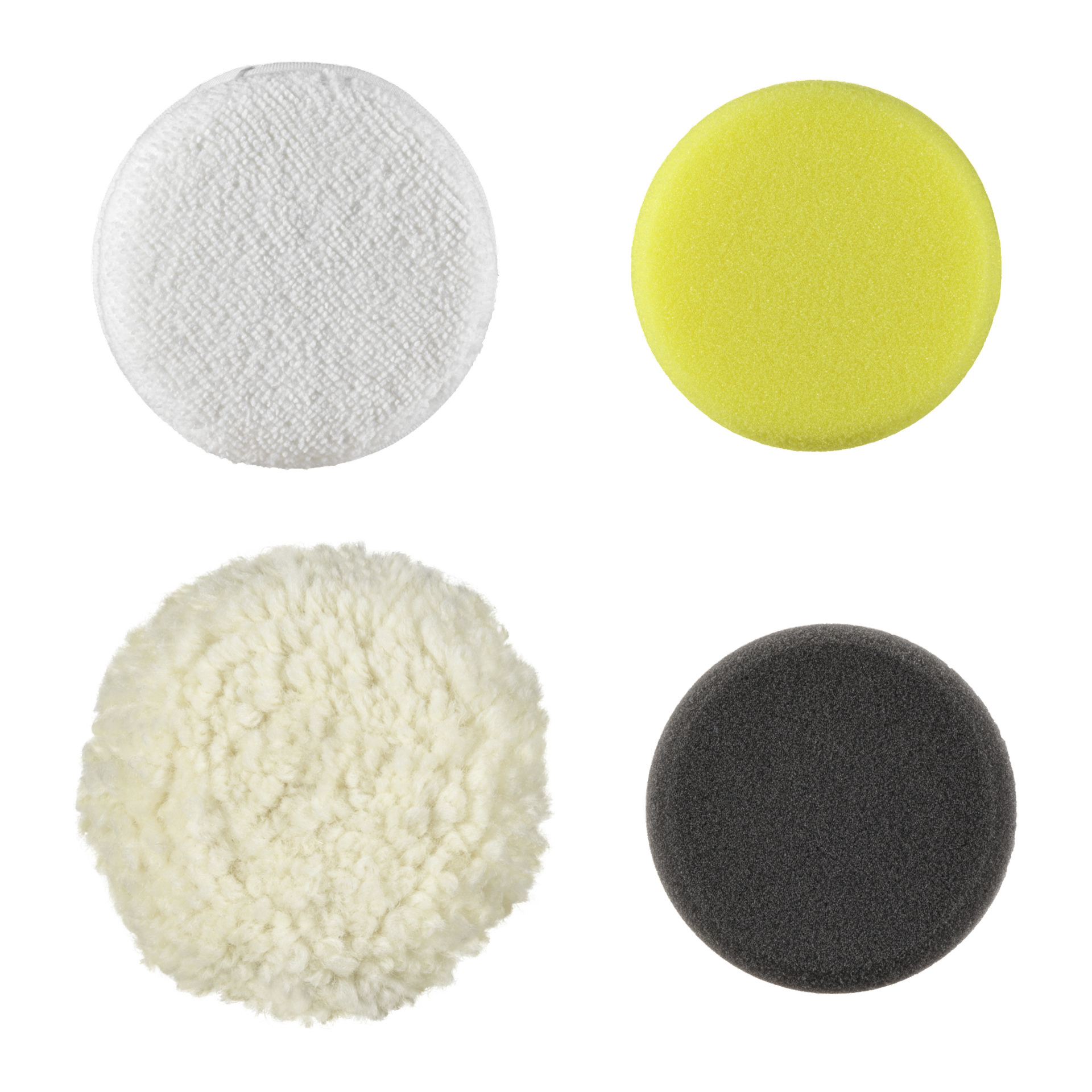 Ryobi One+ Polishing Bonnets RADPP75 set har fyra texturerade pads: vit mikrofiber, gult skum, vit ull och svart skum.