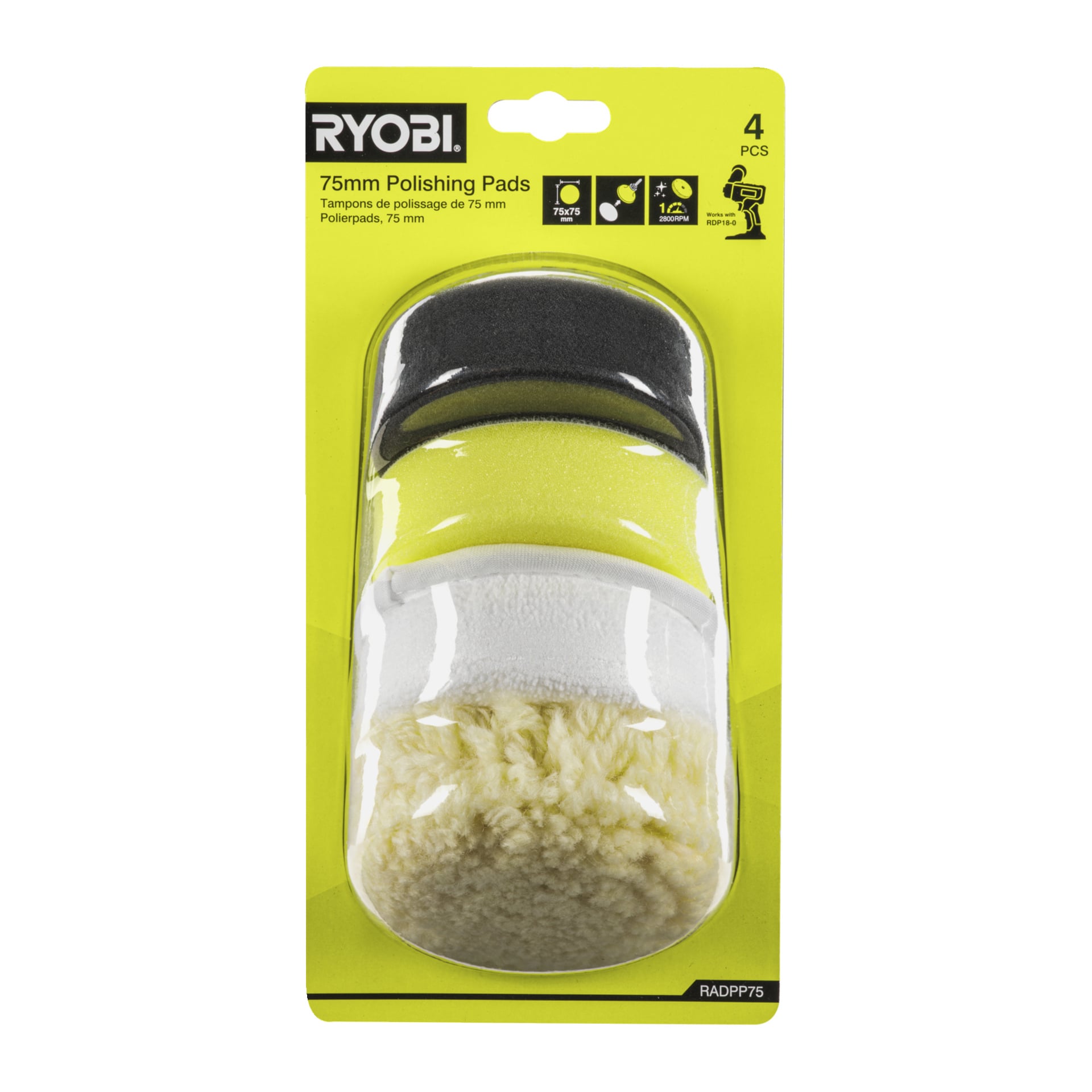 Fyra Ryobi One+ RADPP75 polerande mössar i olika material och färger, visade i en genomskinlig förpackning med gul och svart märkning.