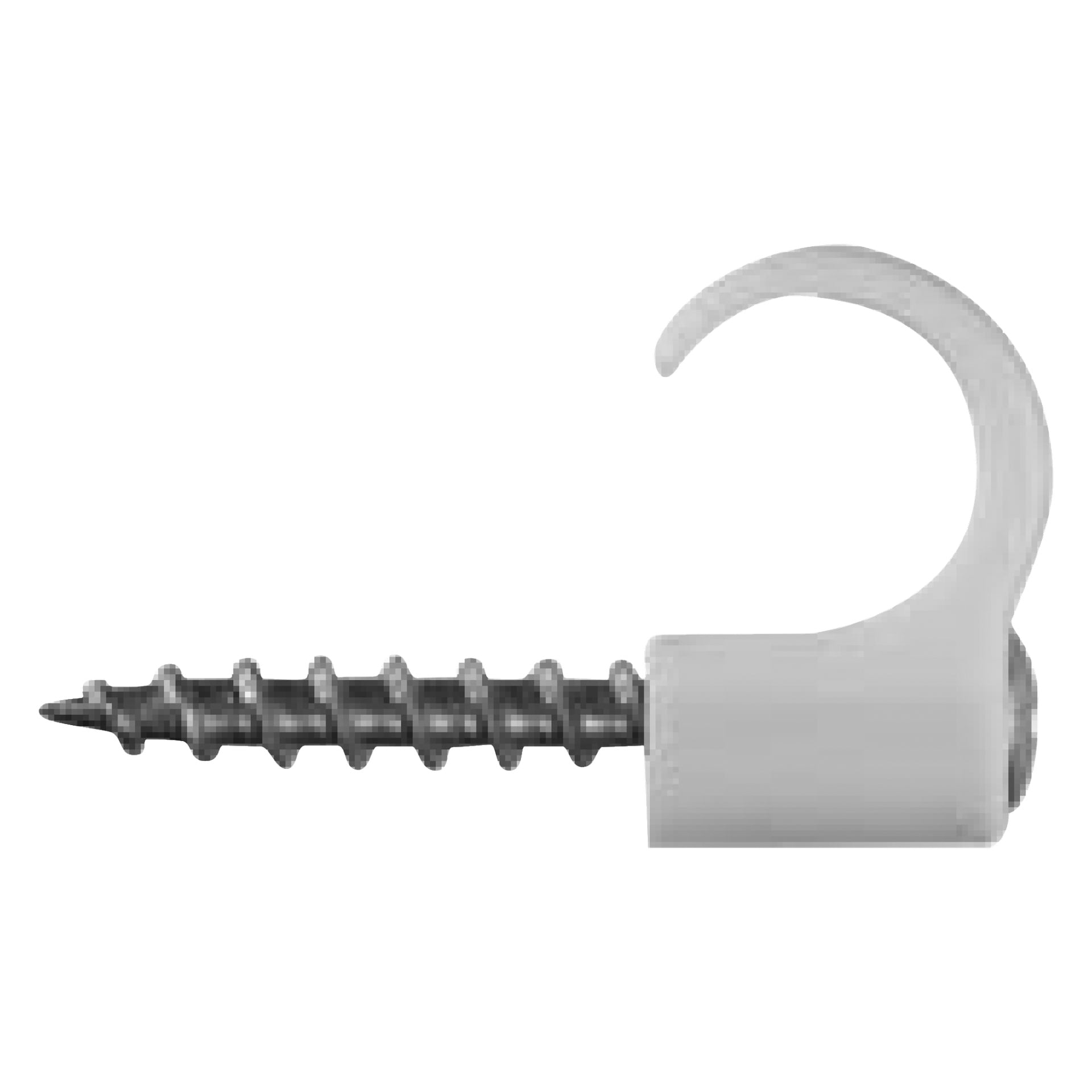 Schneider Electric Screw clips TCS-C3 består av en metallskruv tillsammans med en öppen, uppåtböjd vit plastkrok, avsedd för att fästa föremål vid väggar eller liknande ytor.