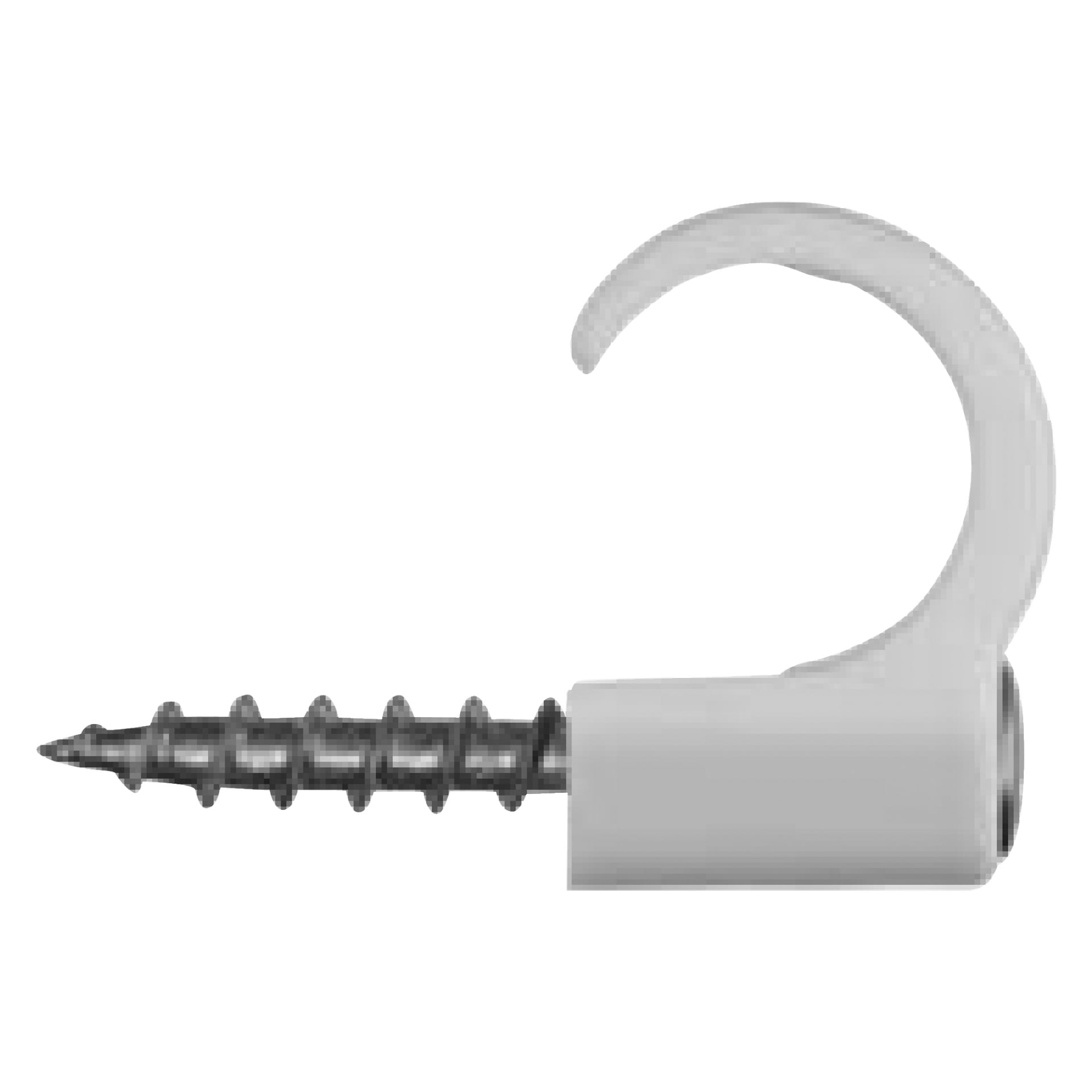 En detaljerad bild av en Schneider Electric Screw clips TCS-C3 visar en metallskruv fäst vid en vit plastklämma med en öppen rund krok, använd för att hålla kablar eller trådar säkert mot ytor.