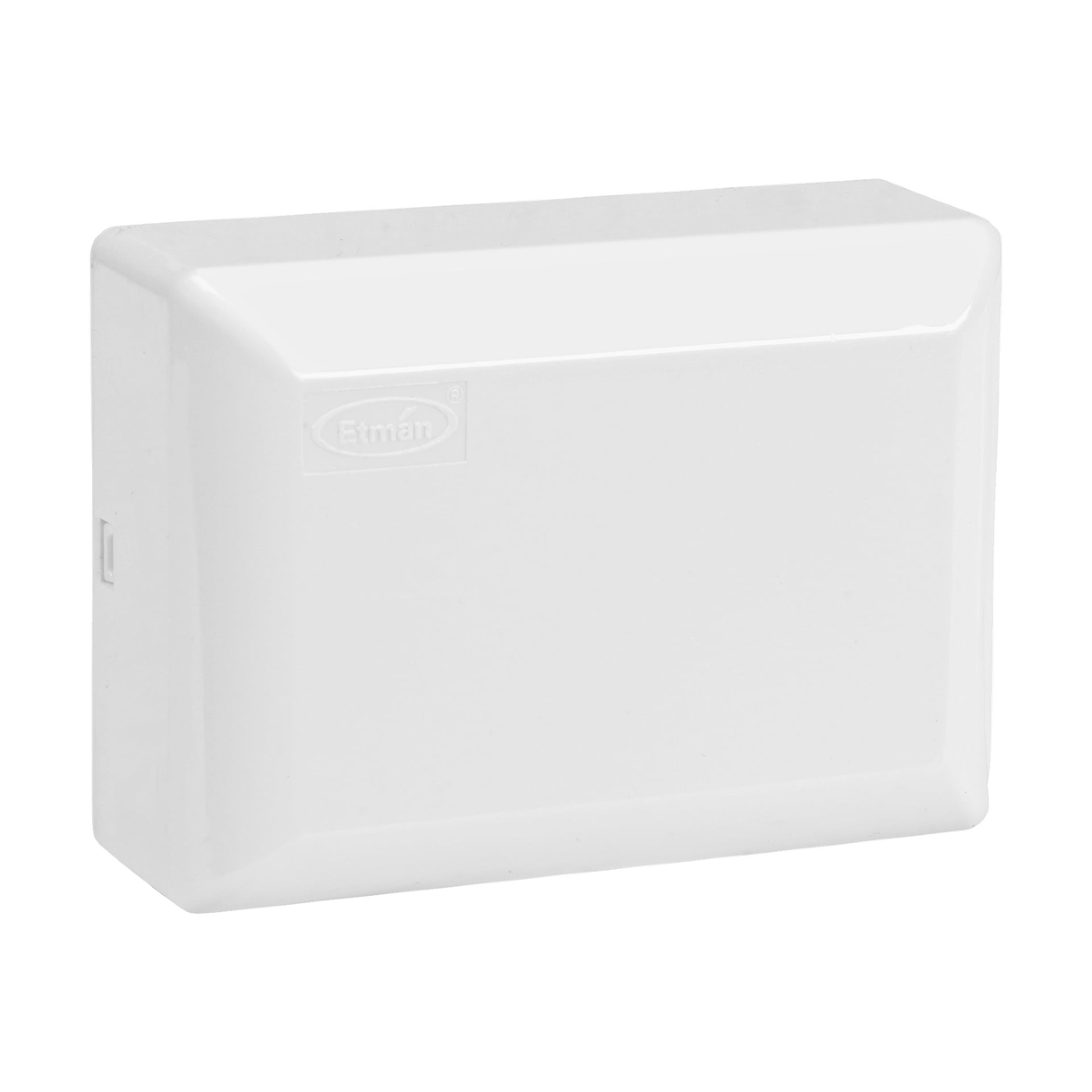 En vit rektangulär Anslut-kopplingsdosa i plast med en subtilt upphöjd frontpanel och mjukt rundade kanter. Det främre övre vänstra hörnet visar en präglad Anslut-logotyp.
