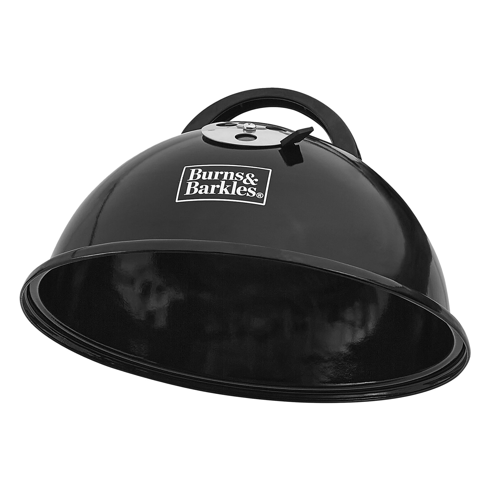 Przenośny Kettle Barbecue Coal King 290 firmy Burns & Barkles ma czarną, kopułowatą pokrywę z uchwytem i otworem wentylacyjnym, pokazaną pochyloną.